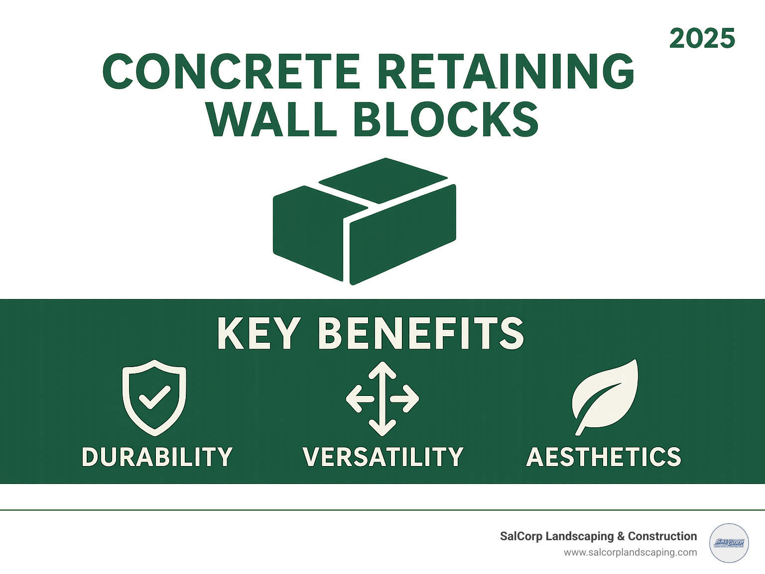 Infographic showing the key benefits of concrete retaining wall blocks: Durability, Versatility, and Aesthetics, with icons for each. - concrete retaining wall blocks infographic 