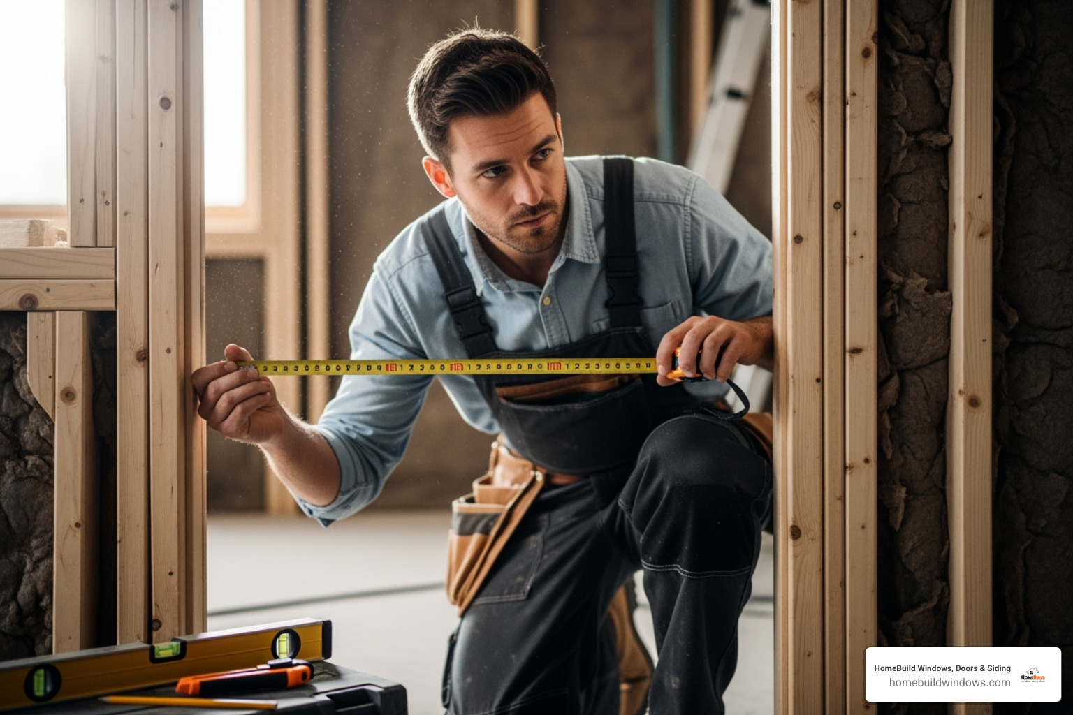 A professional installer carefully measuring a door frame, ensuring precise fit for the new door installation - door installations near me