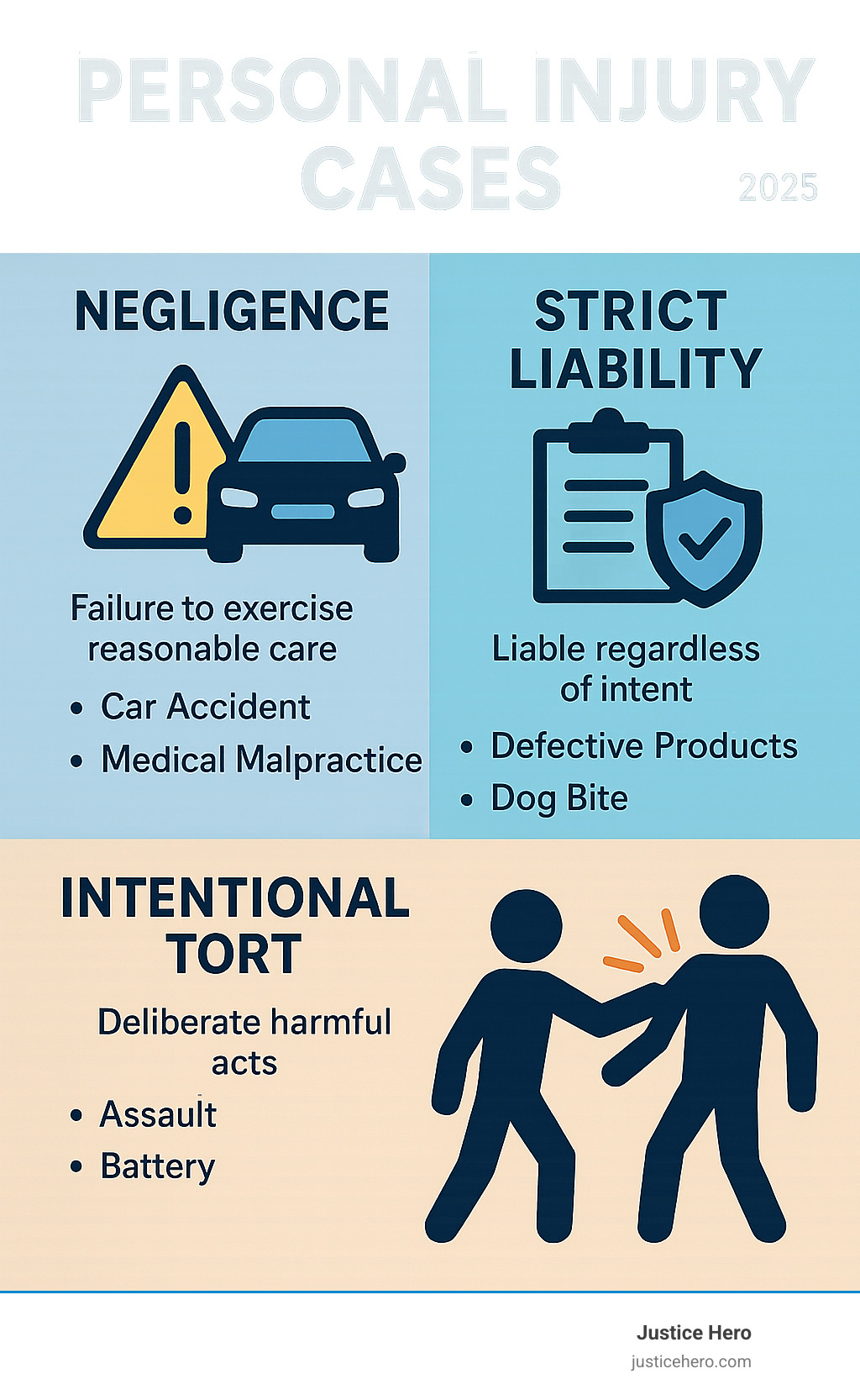 Comprehensive breakdown of the three main types of personal injury cases: negligence cases involving failure to exercise reasonable care with examples like car accidents and medical malpractice, strict liability cases holding parties responsible regardless of intent including defective products and dog bites, and intentional tort cases covering deliberate harmful acts such as assault and battery - personal injury claim infographic Comprehensive breakdown of the three main types of personal injury cases: negligence cases involving failure to exercise reasonable care with examples like car accidents and medical malpractice, strict liability cases holding parties responsible regardless of intent including defective products and dog bites, and intentional tort cases covering deliberate harmful acts such as assault and battery - personal injury claim infographic