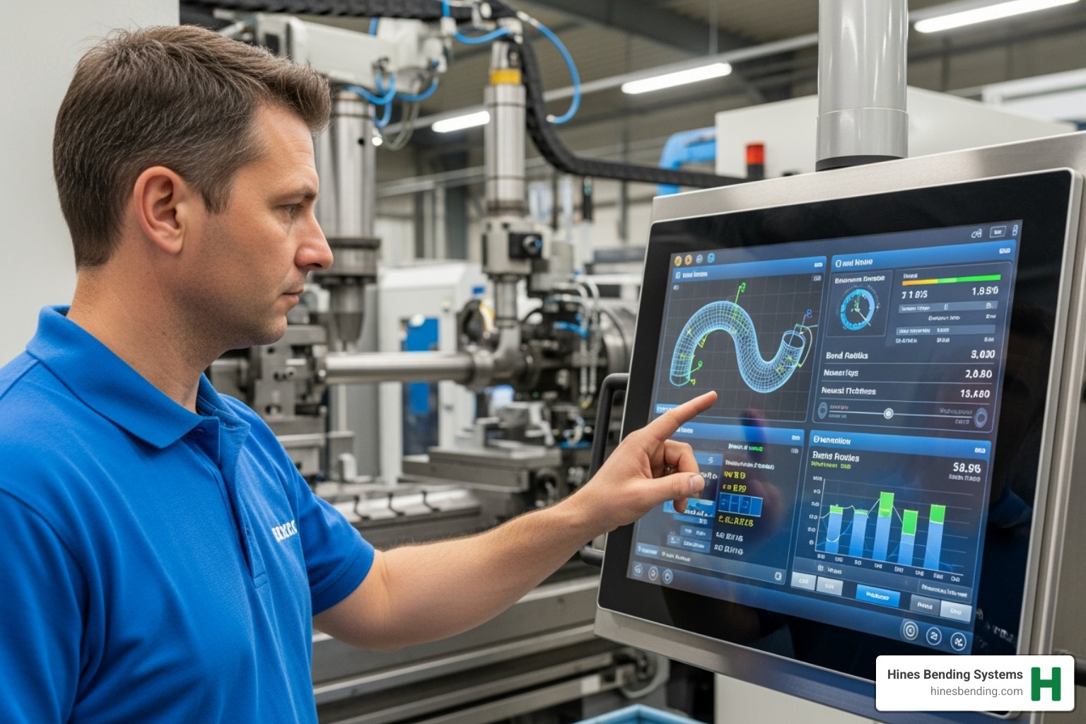 An operator using a modern HMI/touch screen on a pipe bender, displaying complex bending data - bend pipe machine