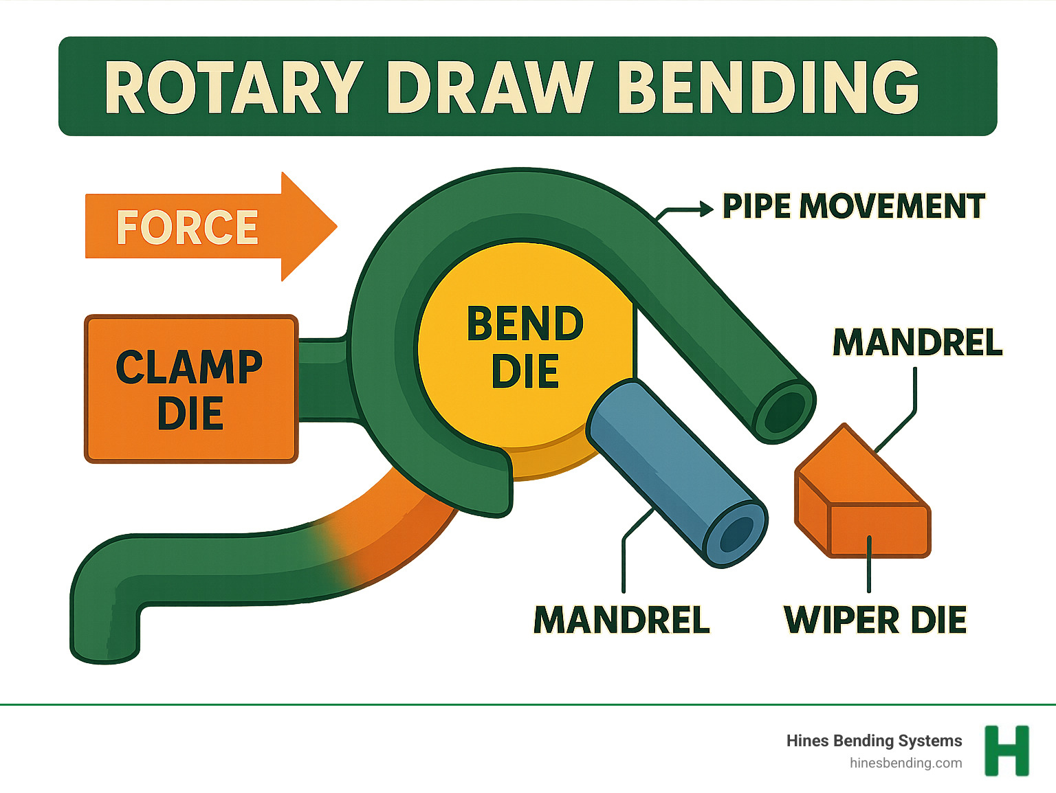 Detailed infographic showing the step-by-step process of rotary draw bending, including the clamp die, bend die, mandrel, and wiper die components, with arrows indicating pipe movement and force direction - bend pipe machine infographic 