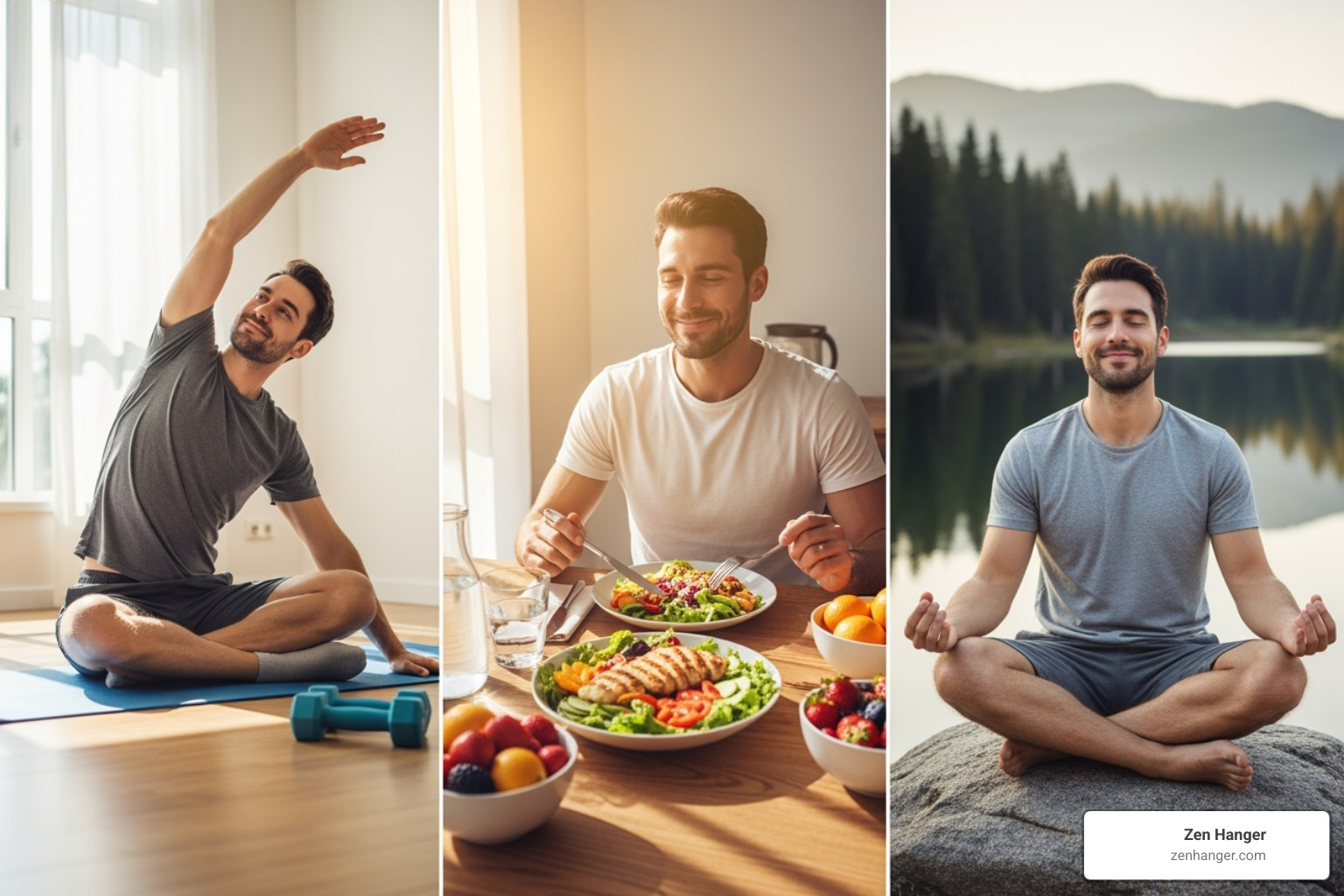 Image showing a man exercising, eating healthy, and meditating, representing a holistic approach to well-being and confidence - safe penile improvement