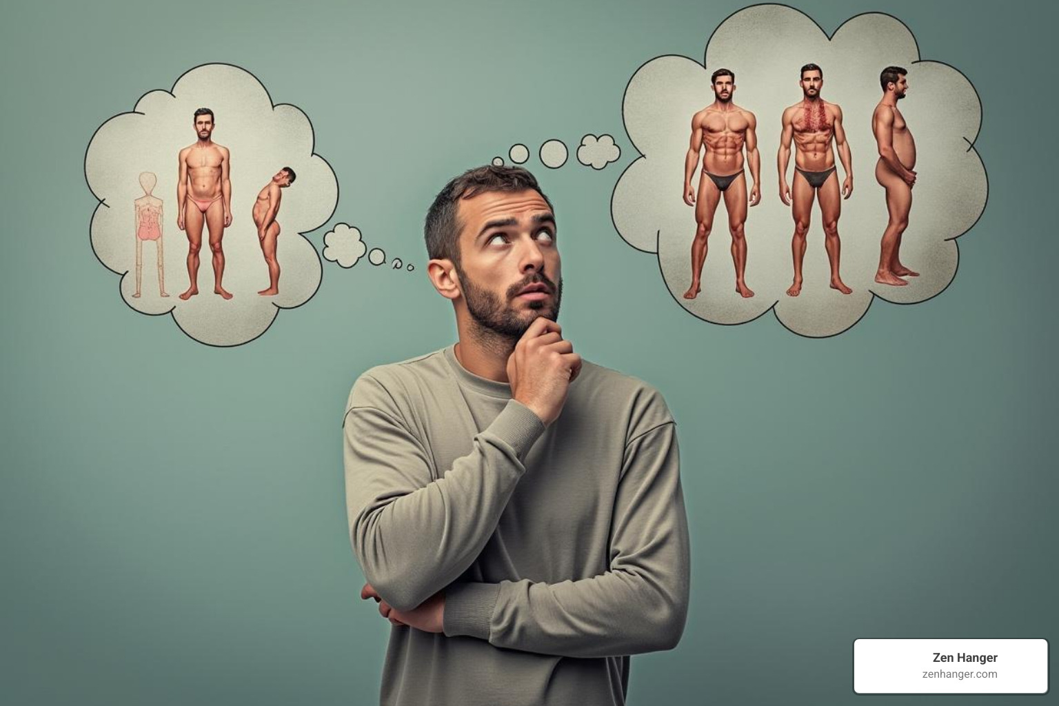 Image of a man looking thoughtfully, with thought bubbles around his head showing varying penis sizes, some exaggerated, others average, depicting the internal struggle with perception - safe penile improvement