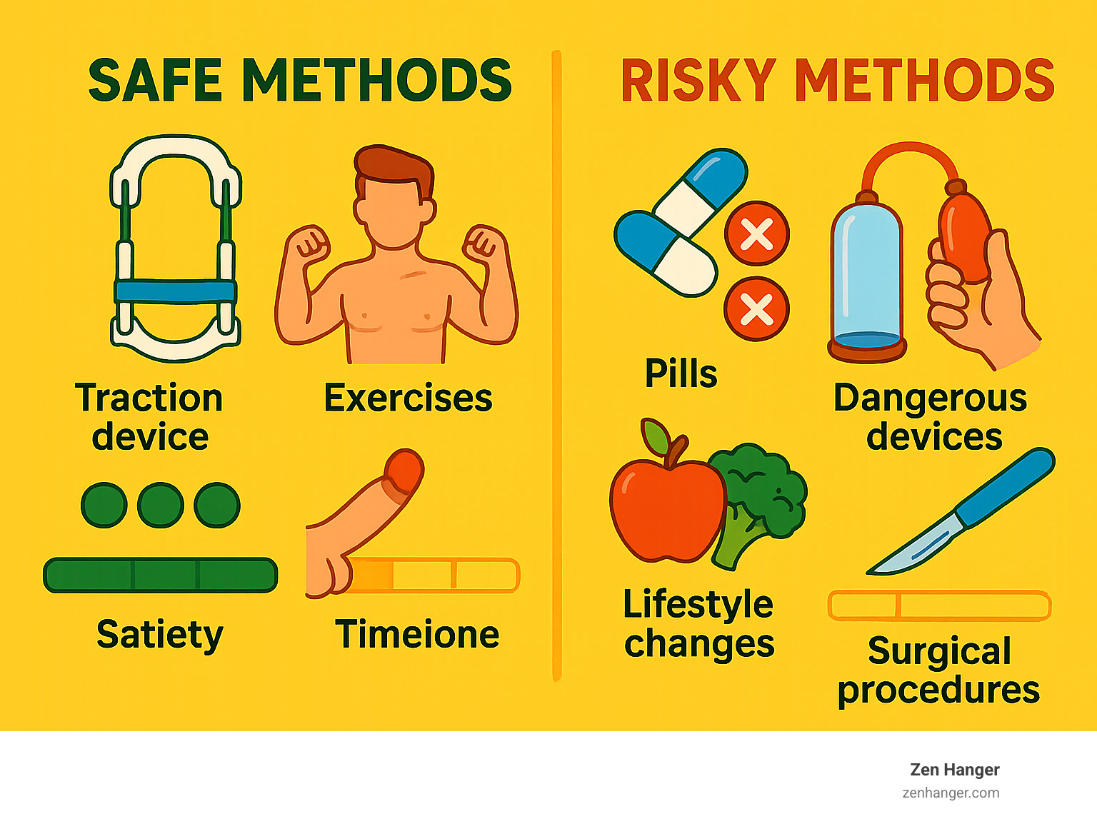 Infographic showing the difference between safe non-surgical penile improvement methods (traction devices, exercises, lifestyle changes) versus risky approaches (unproven pills, dangerous devices, surgical procedures), with safety ratings and expected timeline for results - safe penile improvement infographic 
