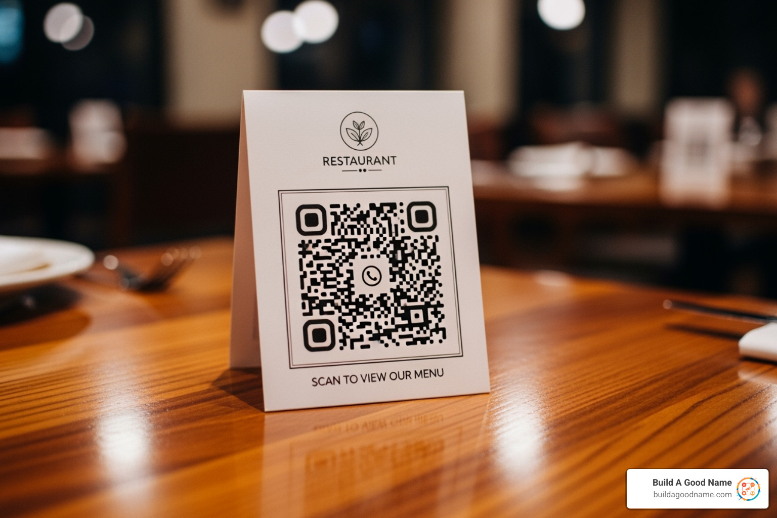 QR code on a restaurant table tent that links to a Google review page - Google review management