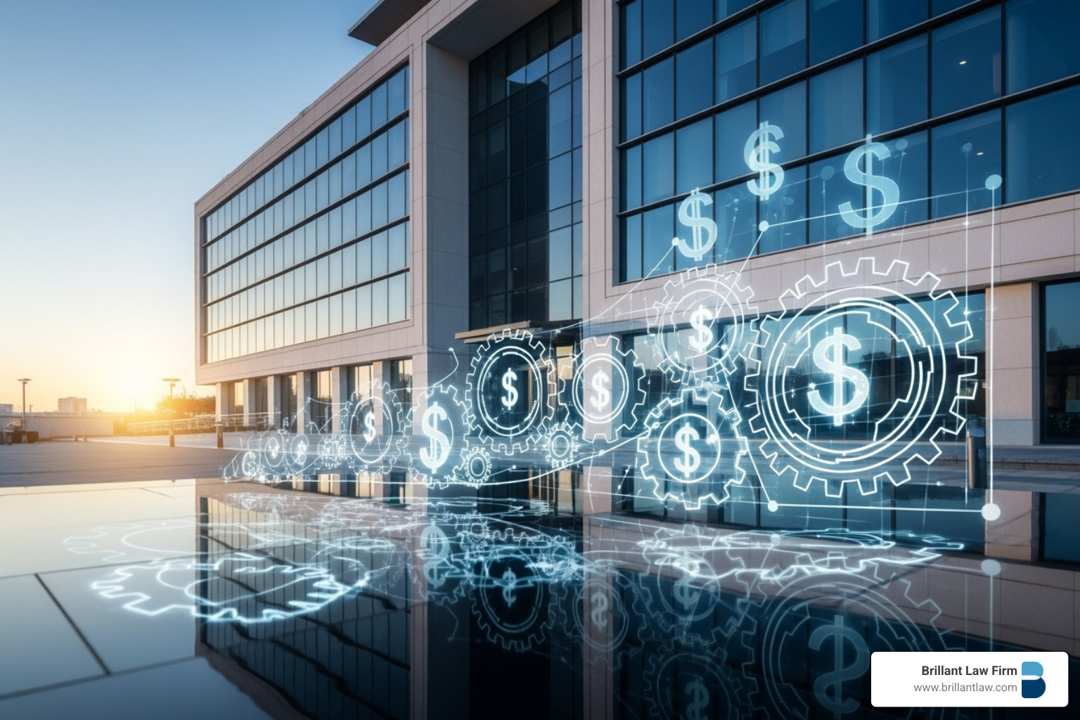 Graphic of a modern office building with interlocking gears and dollar signs, symbolizing the mechanics of corporate tax strategies.