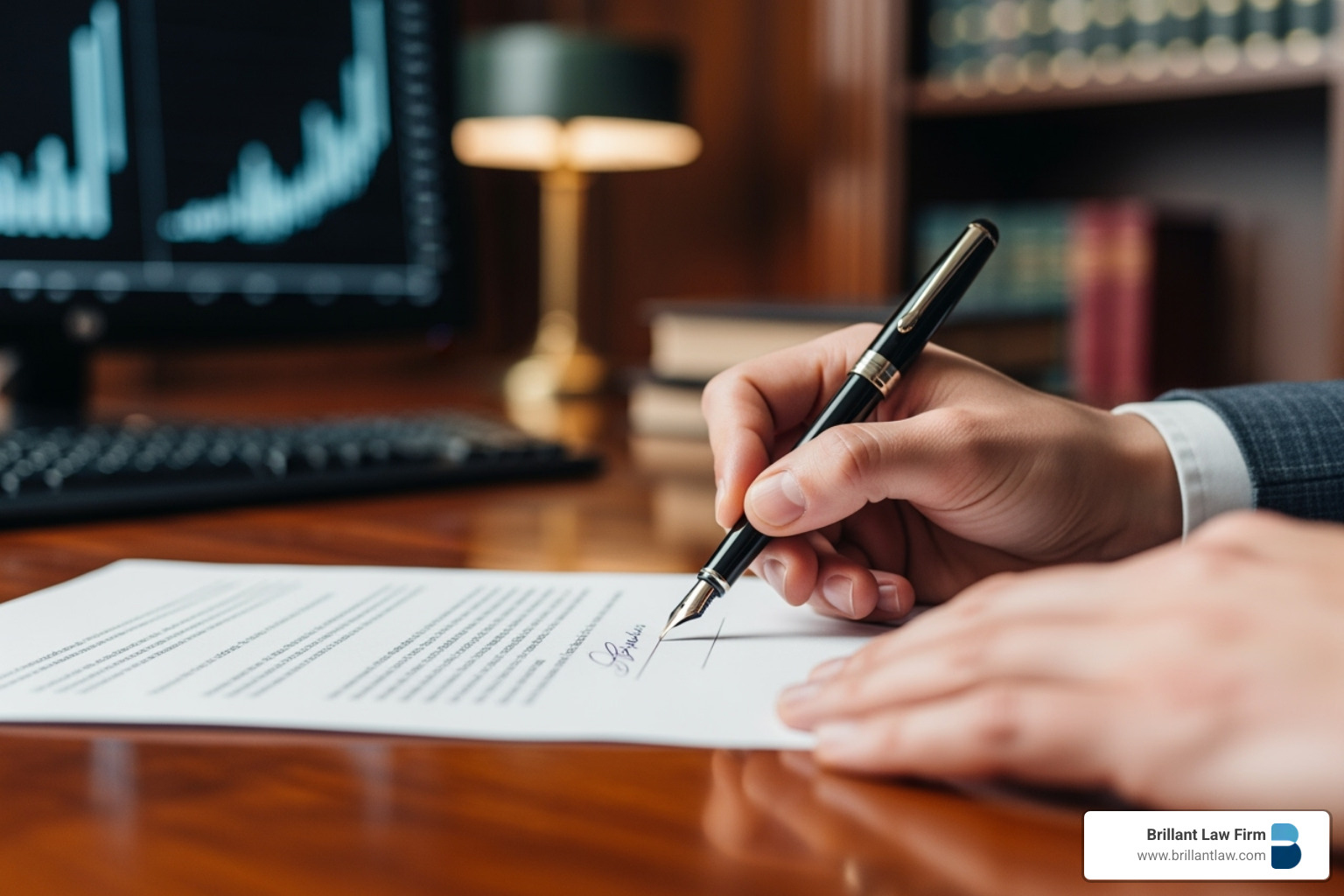 Close-up shot of a person signing a professional legal document with a fountain pen, signifying the finalization of an expert-guided plan.