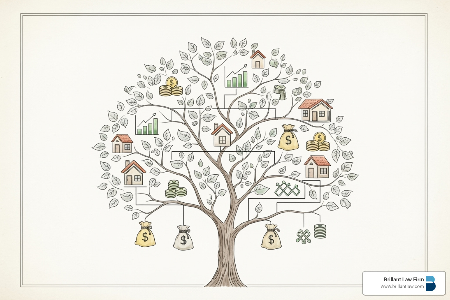 Illustration of a family tree showing the transfer of assets like property and investments between generations, representing wealth transfer.
