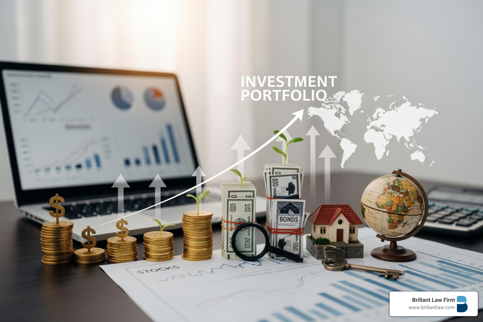 Stylized pie chart illustrating a diversified investment portfolio with icons for stocks, real estate, and bonds.