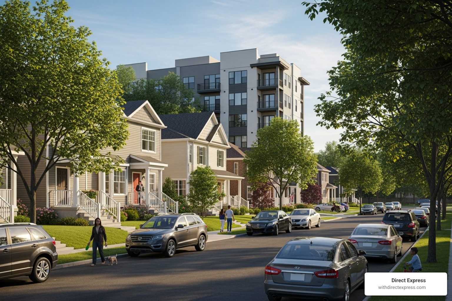 diverse street with different types of homes - homes for rent