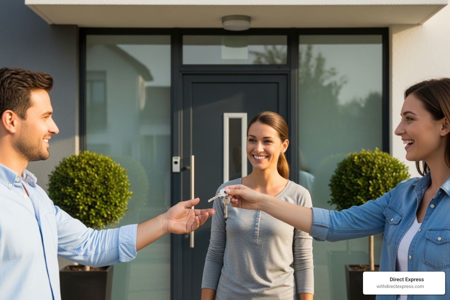 friendly property manager handing keys to a new tenant - homes for rent