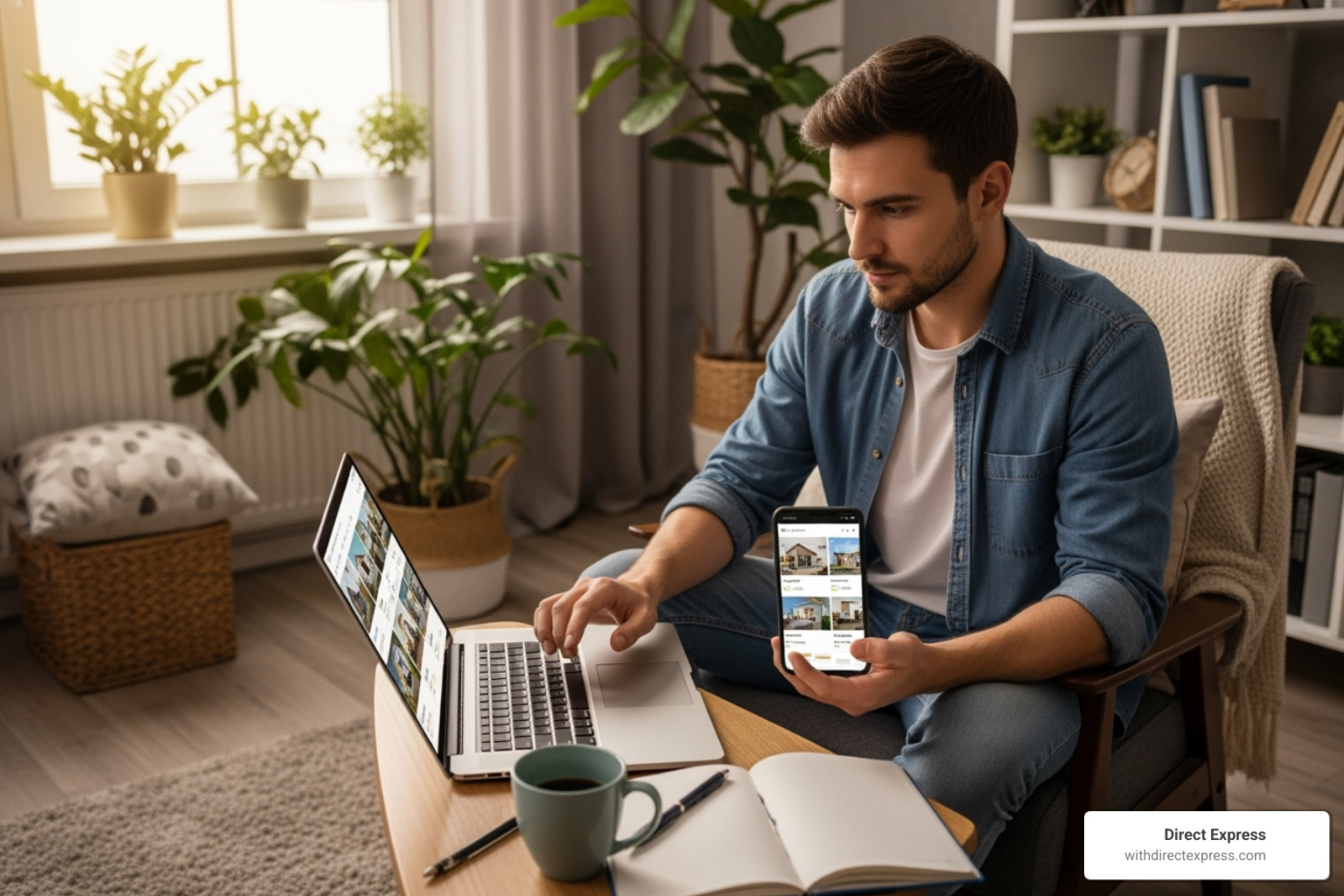 person using a laptop and phone to search for rentals - homes for rent