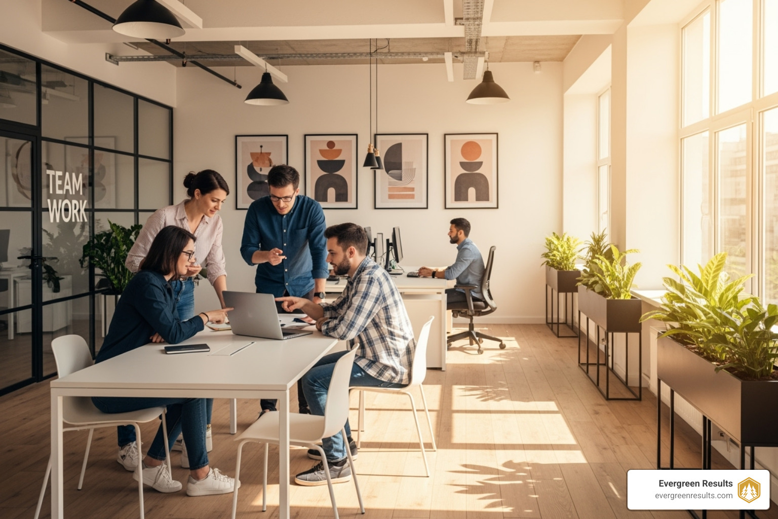 A team collaborating in a modern, bright office space. - website design denver
