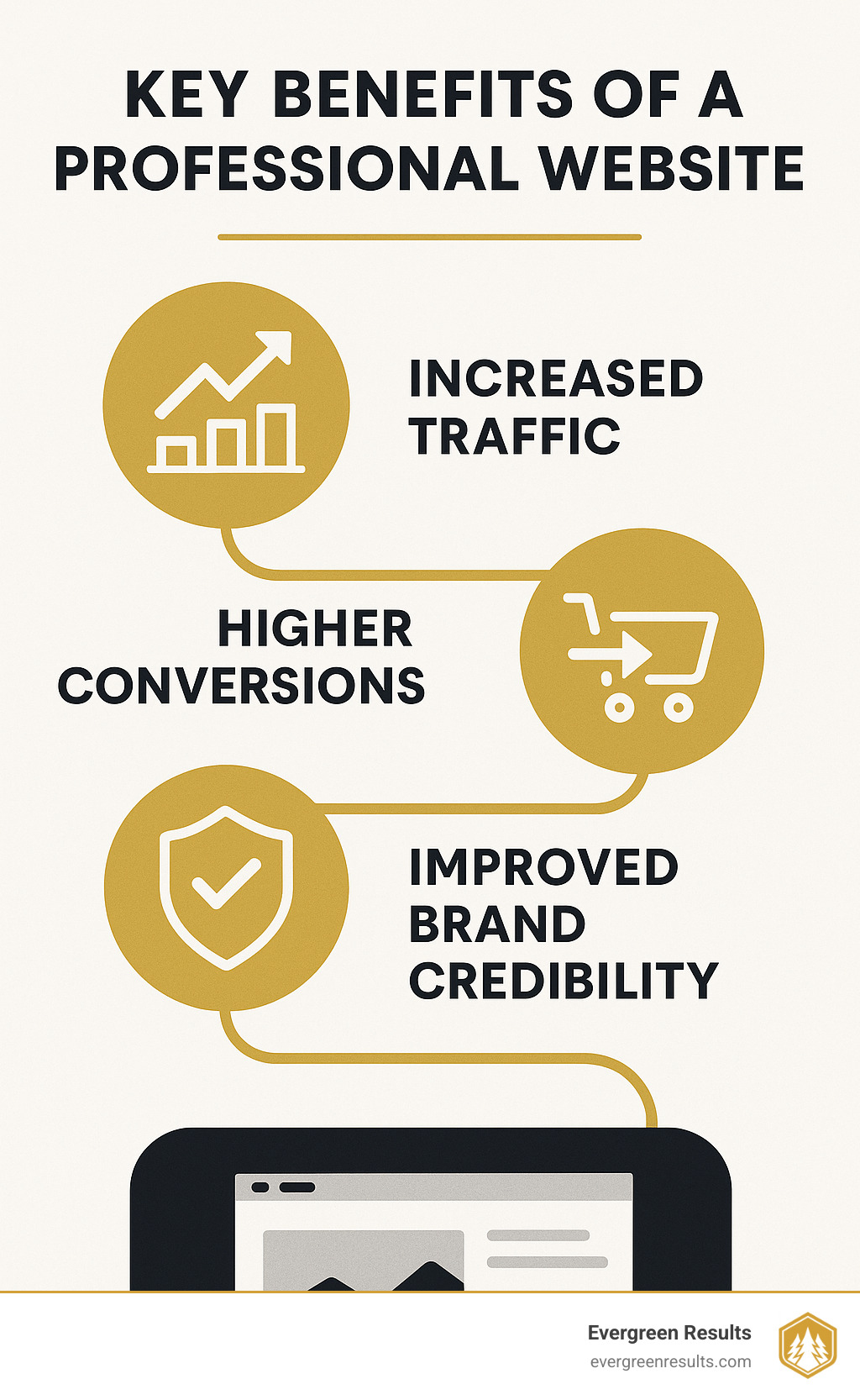 Infographic showing key benefits of a professional website, including increased traffic, higher conversions, and improved brand credibility. - website design denver infographic 