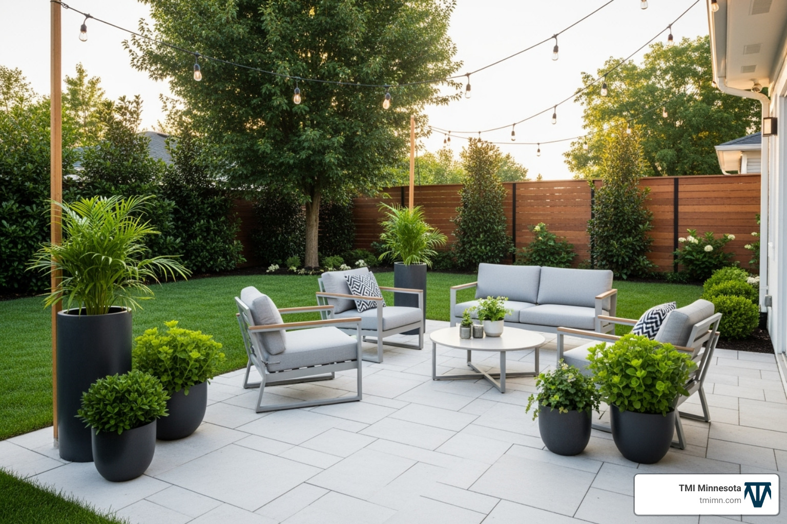 Patio using light-colored pavers to make the space feel larger - backyard landscaping small