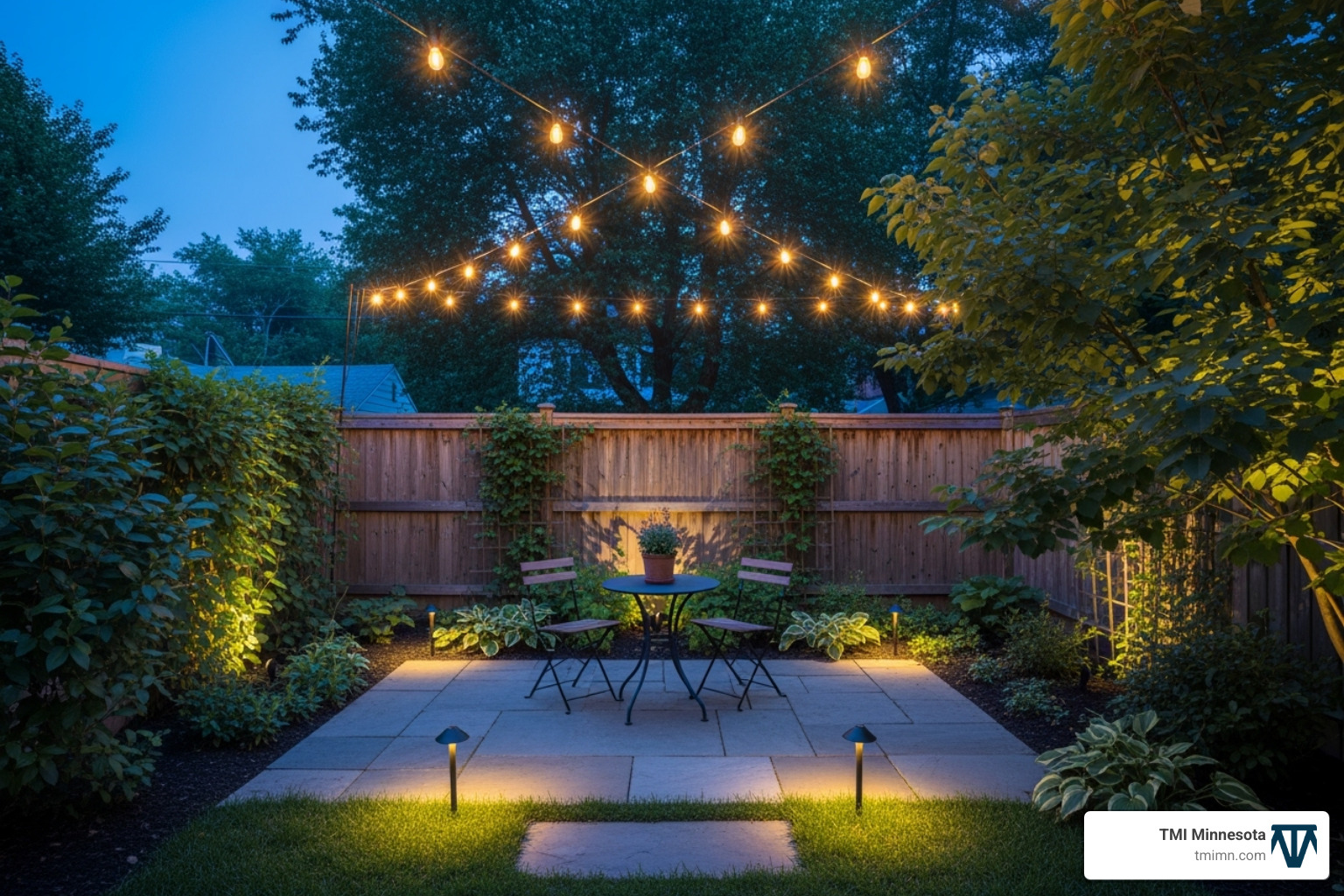 Small backyard at dusk illuminated by string lights and subtle landscape lighting - backyard landscaping small