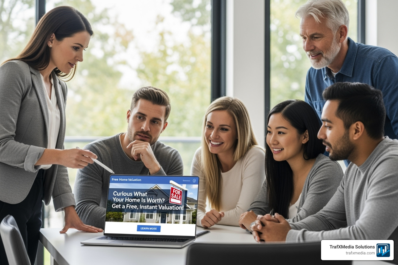 A diverse group of potential homebuyers predominantly Caucasian looking at a laptop, with a real estate agent pointing to a Facebook ad for a home valuation tool. - Real estate Facebook marketing