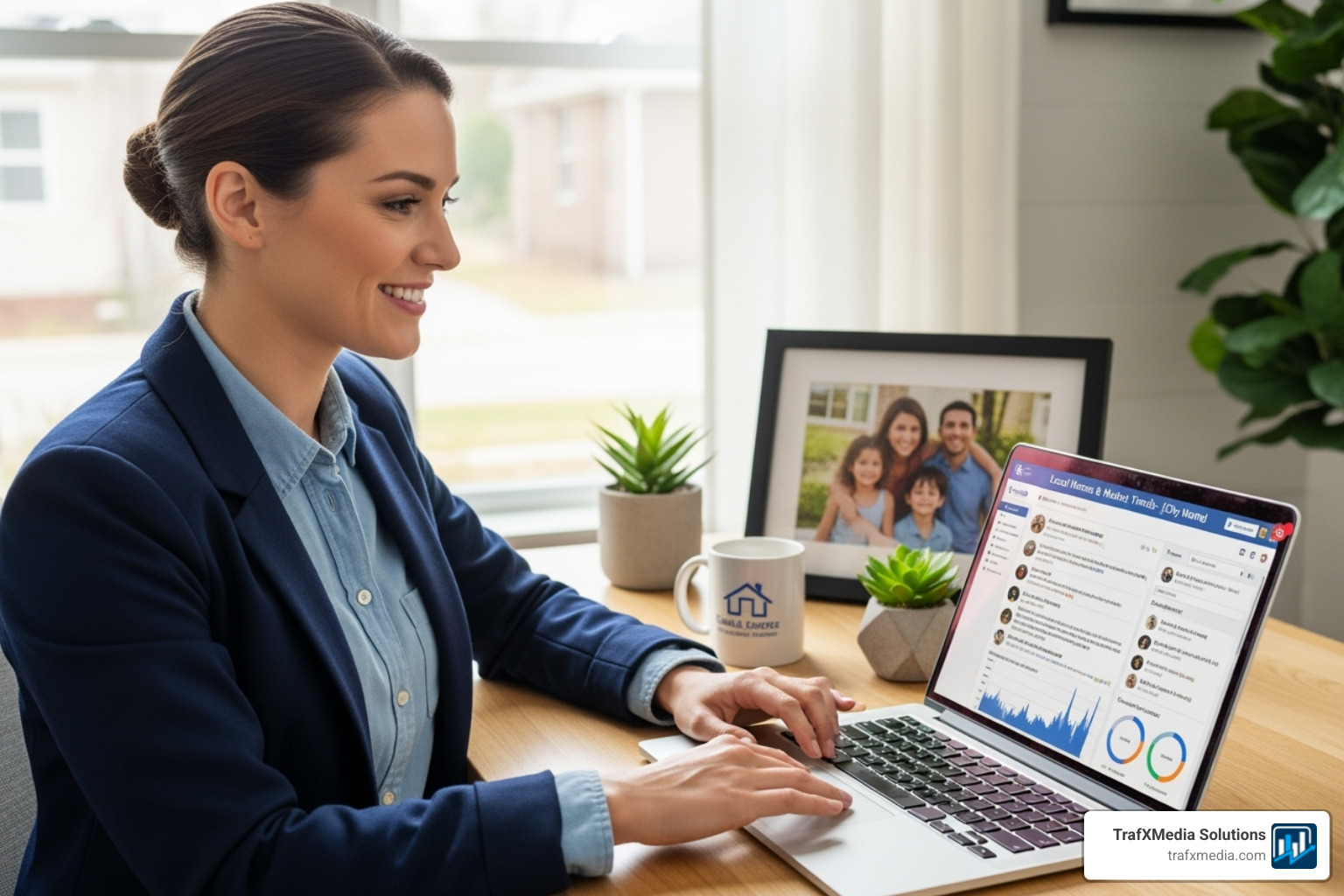 A Caucasian real estate agent engaging with potential clients in a local Facebook group, discussing market trends. - Real estate Facebook marketing