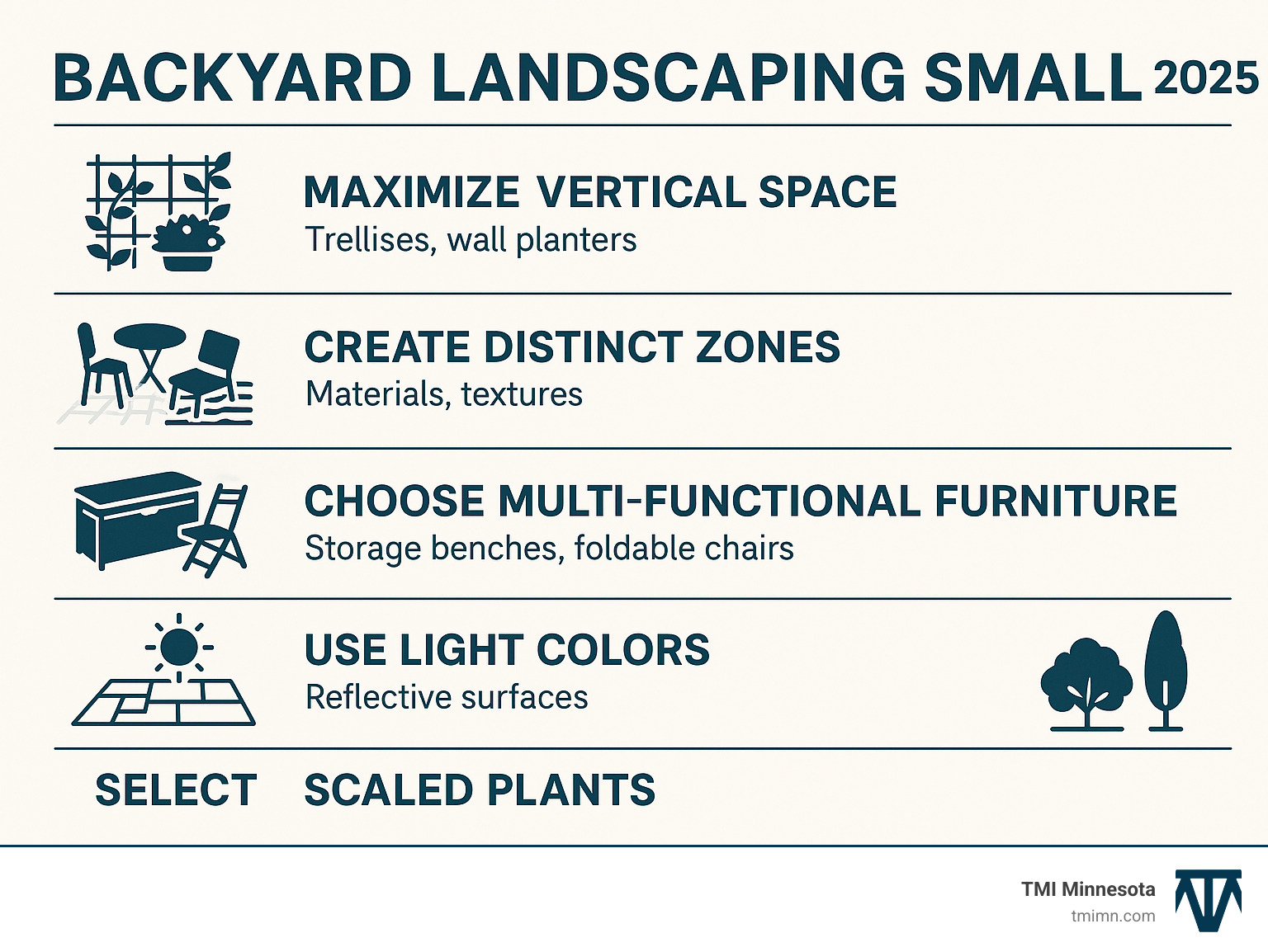 Infographic showing 5 key principles for small backyard design: maximize vertical space with trellises and wall planters, create distinct zones using different materials and textures, choose multi-functional furniture like storage benches and foldable chairs, use light colors and reflective surfaces to expand visual space, and select appropriately scaled plants including dwarf varieties and columnar trees - backyard landscaping small infographic 
