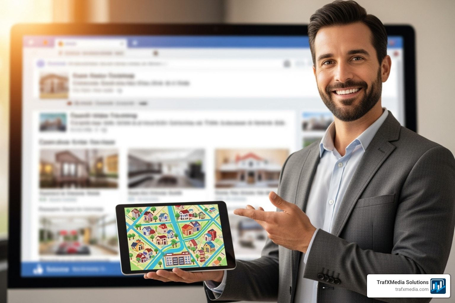 A professionally designed real estate Facebook Business Page on a laptop screen, showcasing a high-quality cover photo of a San Francisco neighborhood and a professional agent headshot. - Real estate Facebook marketing