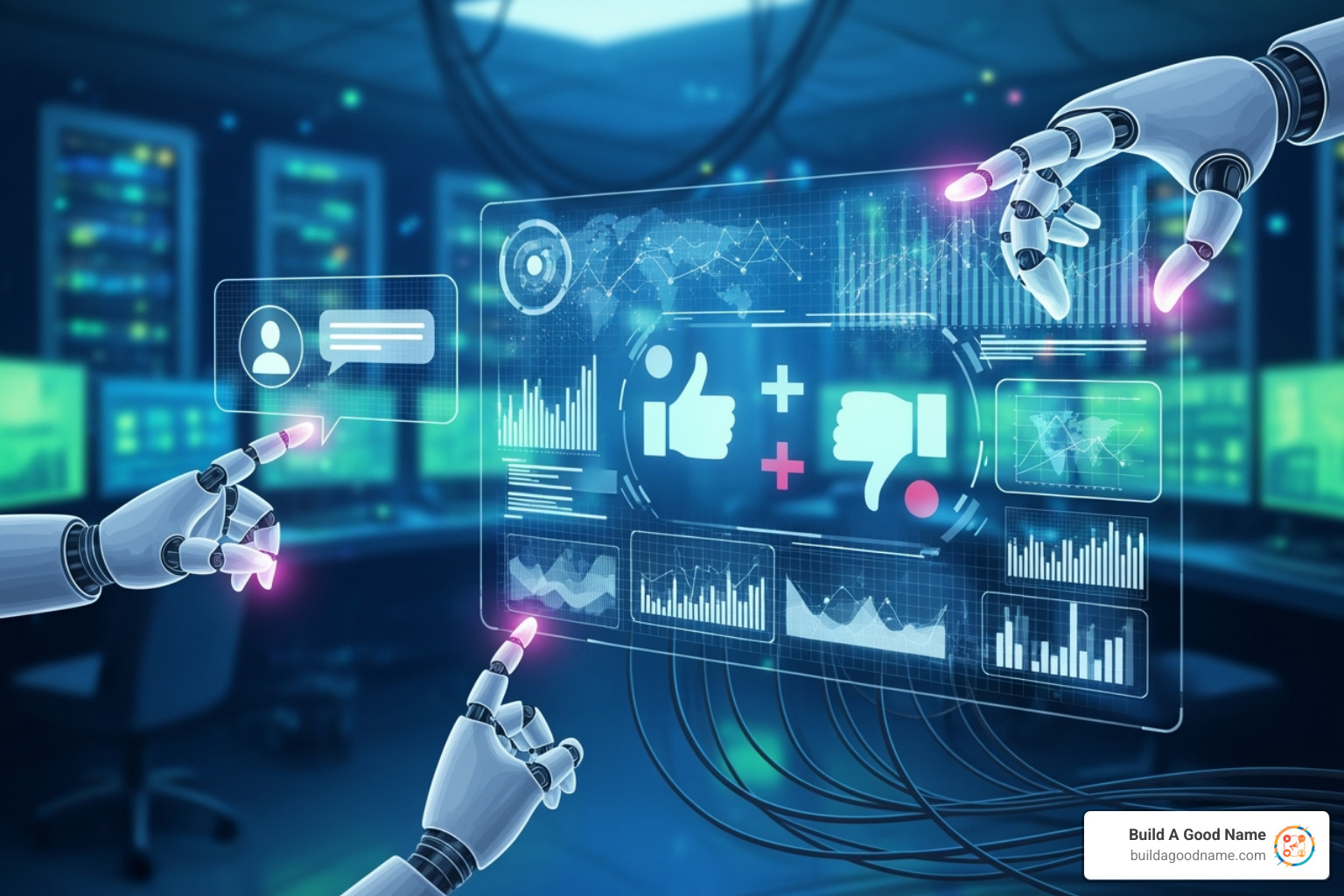 Business dashboard showing positive customer satisfaction metrics, efficiency, scalability, consistency, data-driven insights, and reduced response times - automated feedback system