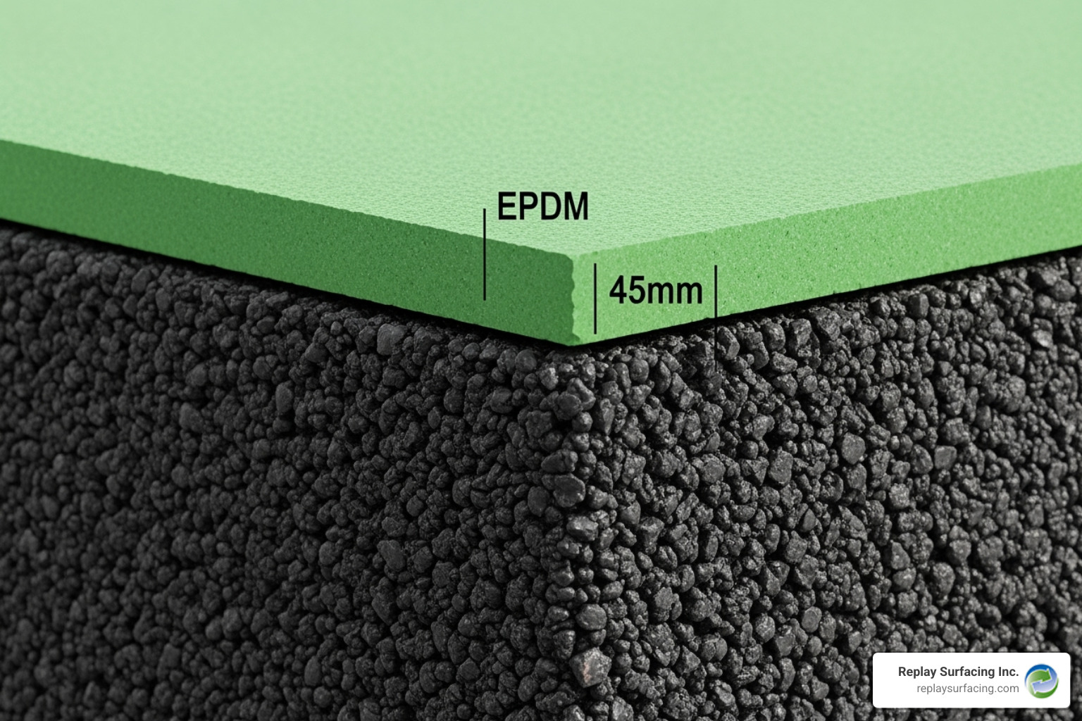 Cross-section of a rubber tile showing the EPDM top layer and recycled rubber base - interlocking playground tiles