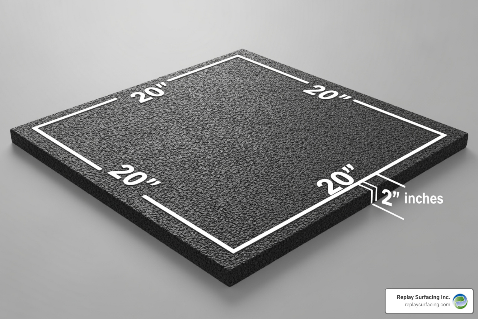Single tile with measurement overlays (20" x 20" x 2") - interlocking playground tiles
