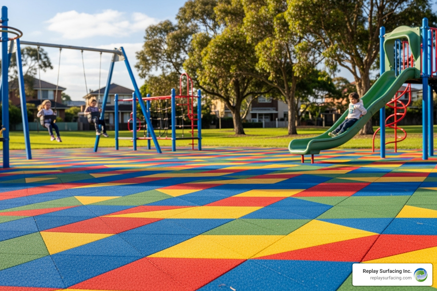 Playground showcasing a creative pattern made with different colored tiles - interlocking playground tiles
