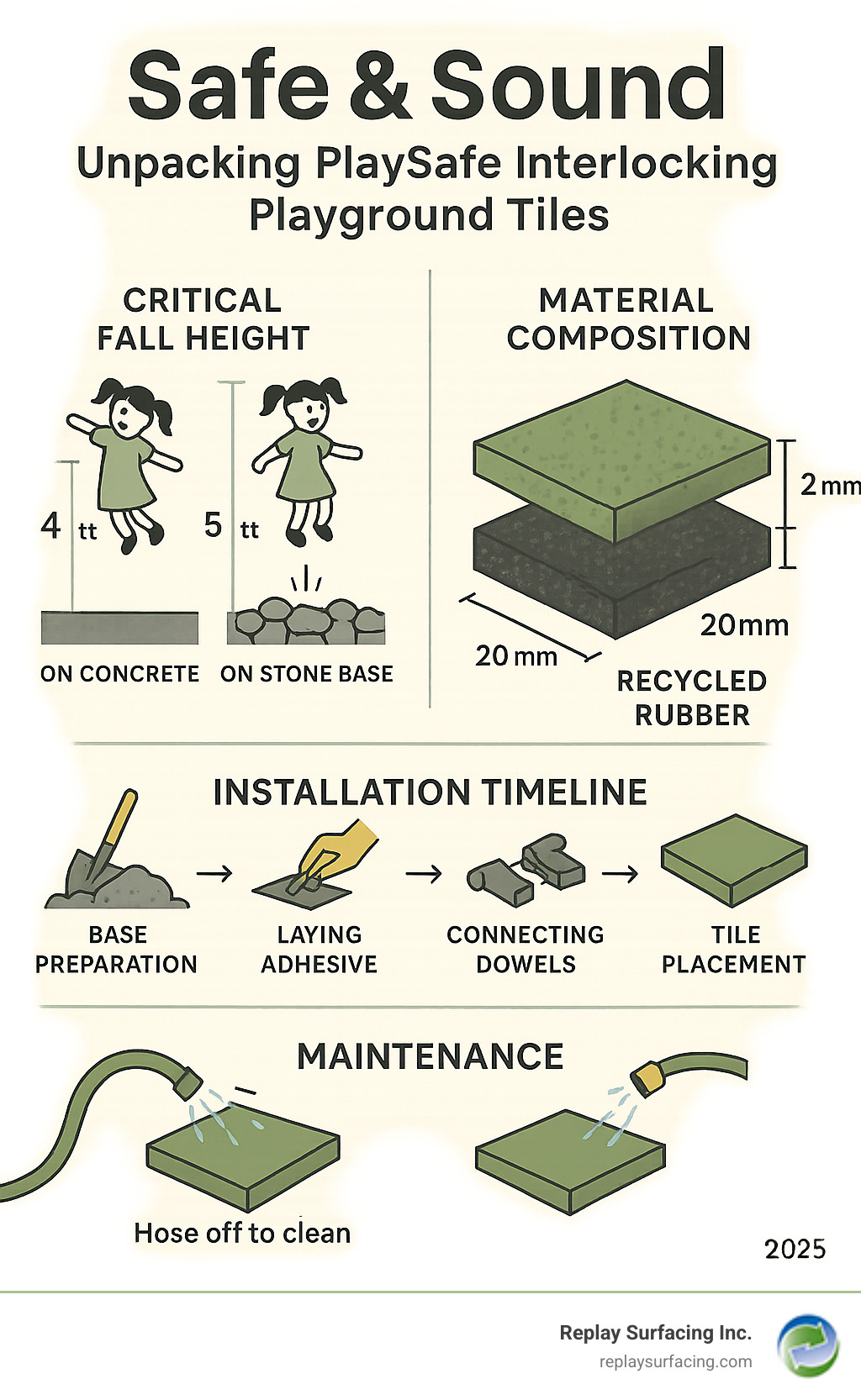 Comprehensive comparison chart showing critical fall heights, material composition breakdown of EPDM vs recycled rubber layers, installation timeline from base preparation to final tile placement, and maintenance schedule for optimal tile performance - interlocking playground tiles infographic 