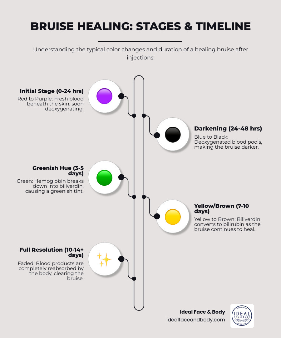 Infographic showing the stages of bruise healing from initial red/purple coloration through yellow/green phases to complete resolution, with timeline markers at 24-48 hours, 3-5 days, 7-10 days, and 14 days - restylane bruising infographic infographic-line-5-steps-neat_beige