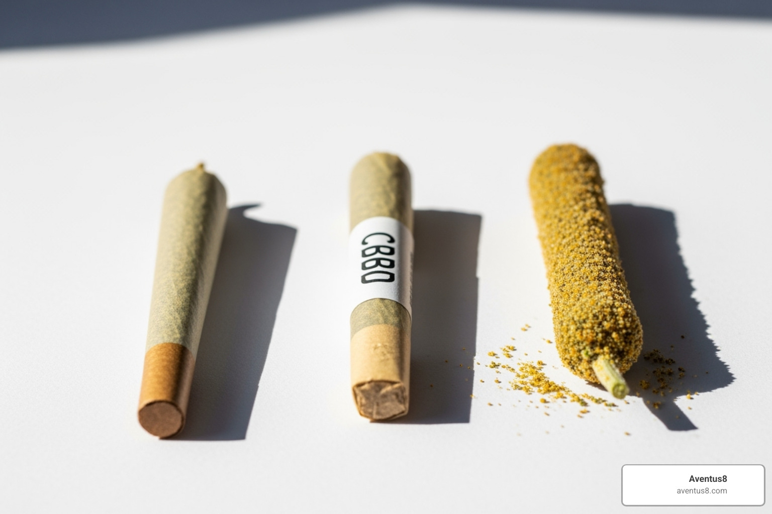 showcasing different Aventus8 pre-rolls, including a standard one, a CBD one, and a kief-dusted infused one - pre-rolls