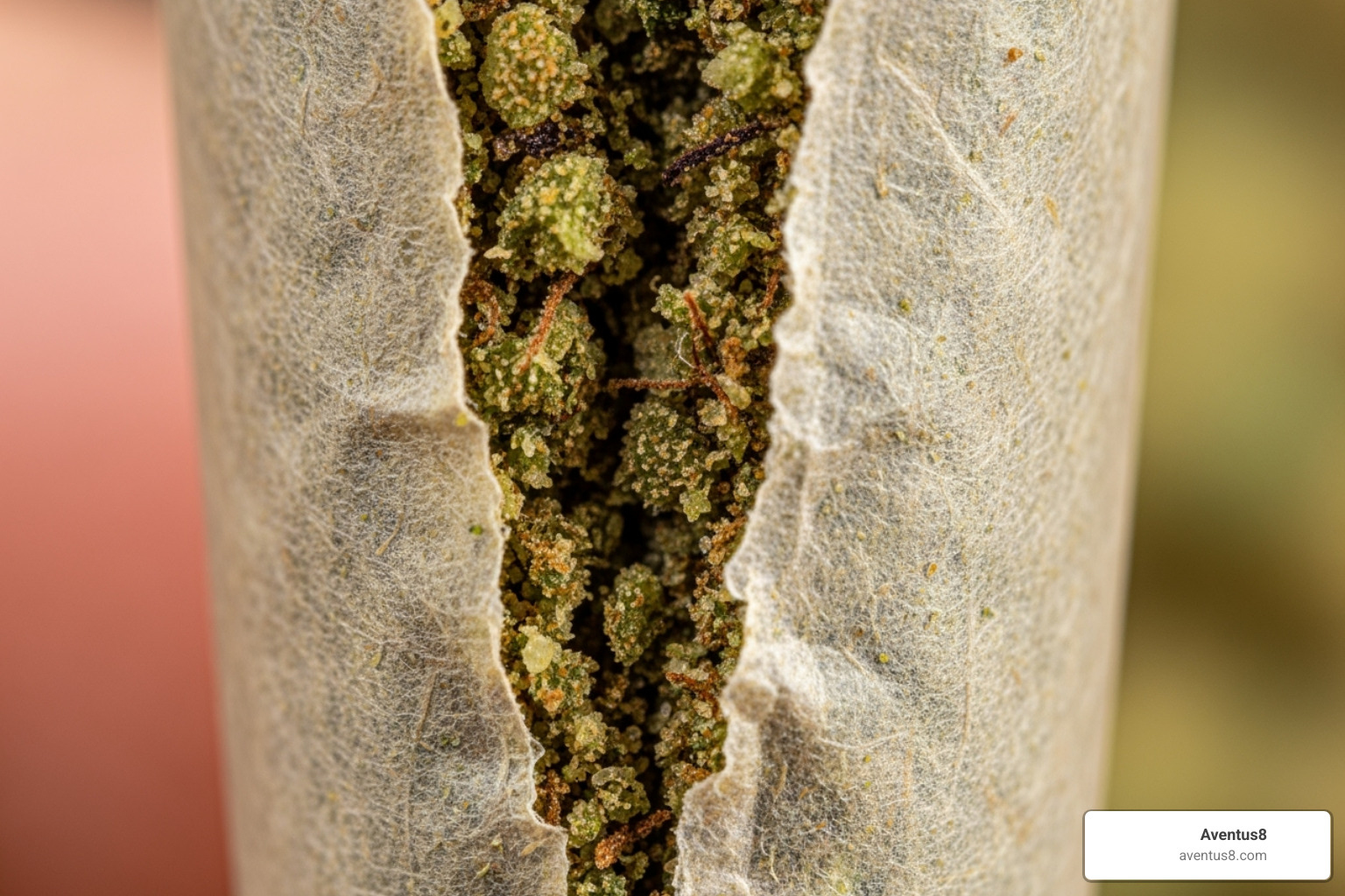 an Aventus8 pre-roll being opened to show the ground flower inside - pre-rolls