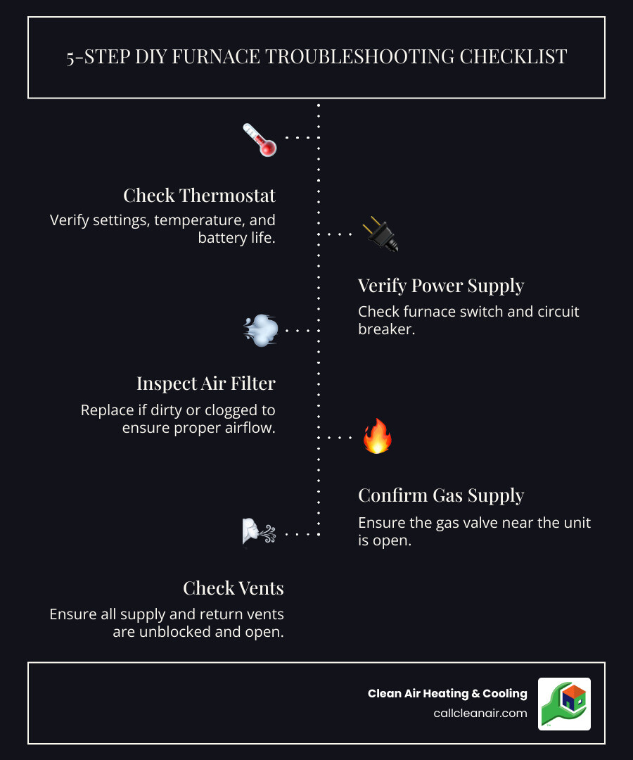 5-step DIY furnace troubleshooting checklist: 1. Check Thermostat (settings, batteries). 2. Verify Power (switch, circuit breaker). 3. Inspect Air Filter (replace if dirty). 4. Confirm Gas Supply (valve open). 5. Check Vents (unblocked, 80% open). - furnace repair tips infographic infographic-line-5-steps-dark