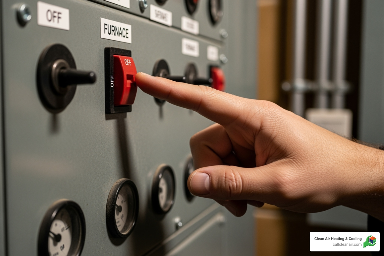 hand pointing to furnace switch on circuit breaker panel - furnace repair tips