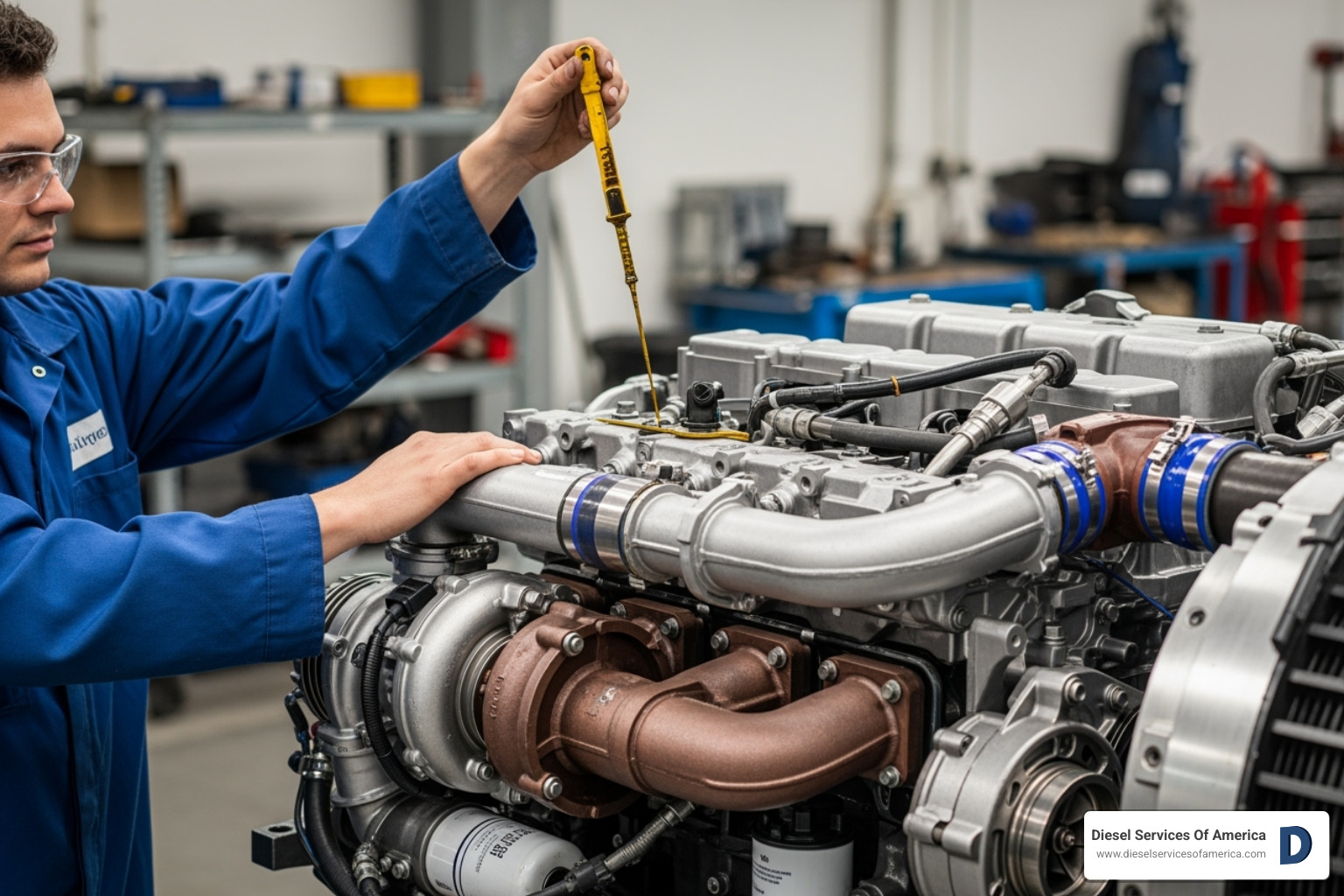 Technician checking the oil dipstick - Diesel engine inspection checklist