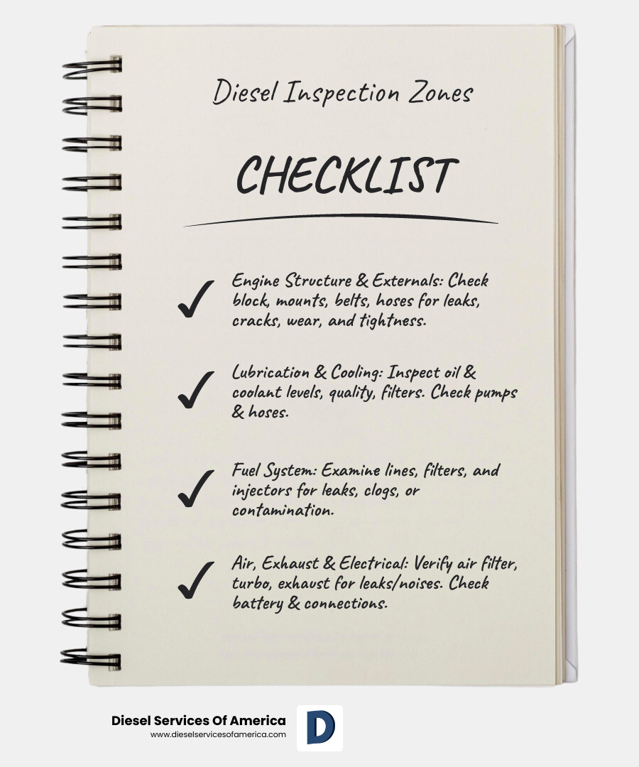 Diesel engine inspection zones - Diesel engine inspection checklist infographic checklist-notebook