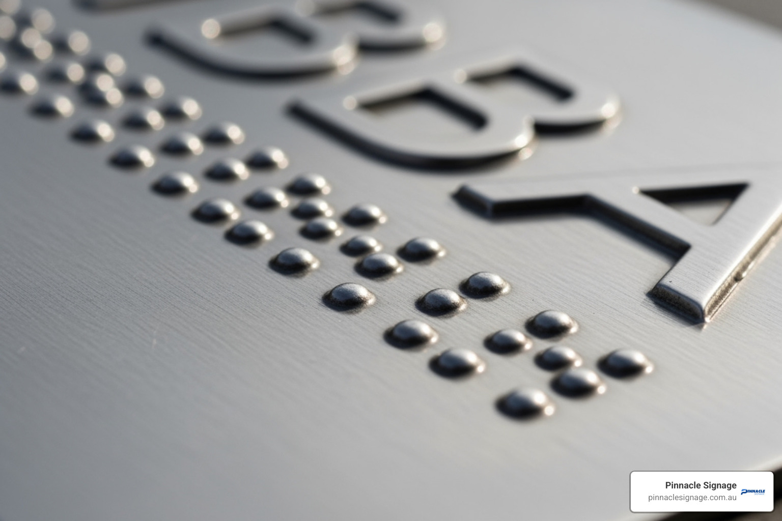 Close-up shot showing the rounded profile of Braille dots and the raised edge of a tactile letter. - Braille tactile signs