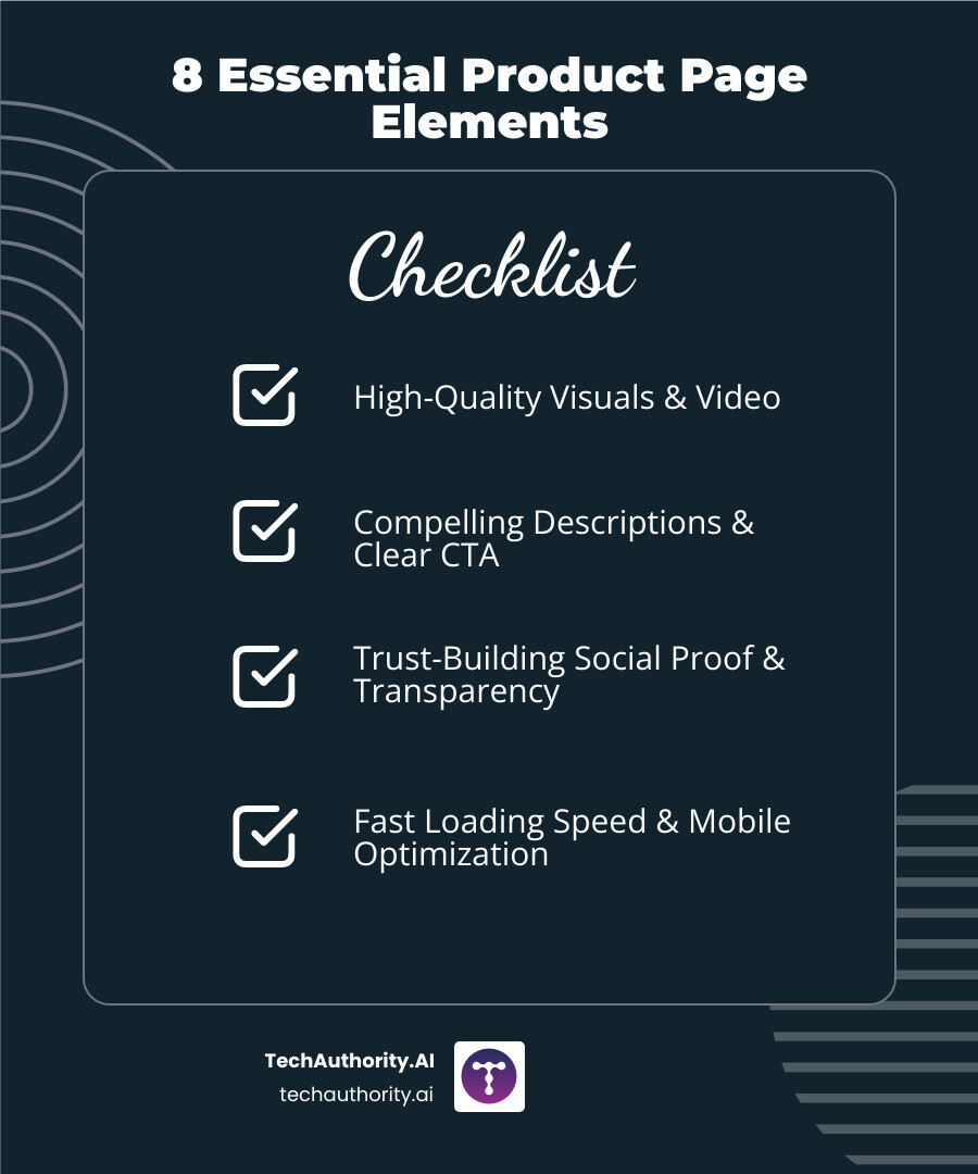 Infographic detailing 8 essential elements for effective product pages: high-quality images & video, compelling product descriptions, clear call-to-action, customer reviews & social proof, transparent pricing & policies, fast loading speed, mobile-friendly design, and product recommendations. - product pages infographic checklist-dark-blue Infographic detailing 8 essential elements for effective product pages: high-quality images & video, compelling product descriptions, clear call-to-action, customer reviews & social proof, transparent pricing & policies, fast loading speed, mobile-friendly design, and product recommendations. - product pages infographic checklist-dark-blue