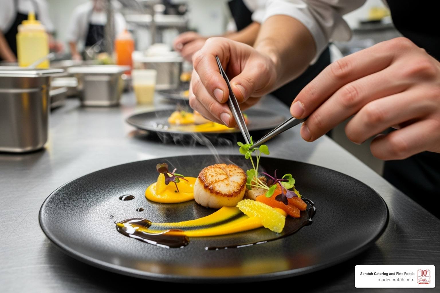 chef artfully plating a dish - corporate caterers chef artfully plating a dish - corporate caterers
