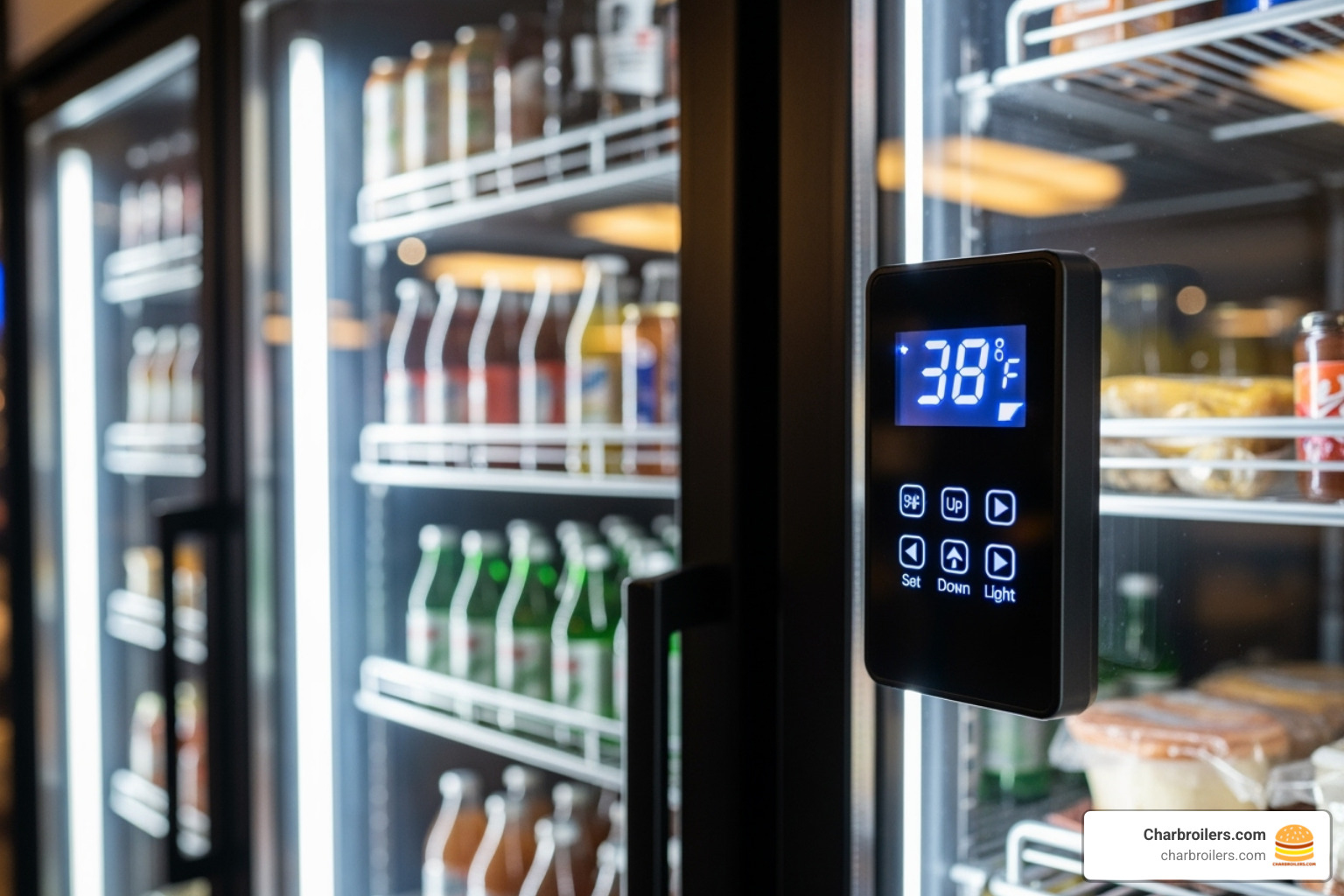 close-up on a digital temperature controller and bright LED interior lighting - commercial glass door fridge close-up on a digital temperature controller and bright LED interior lighting - commercial glass door fridge