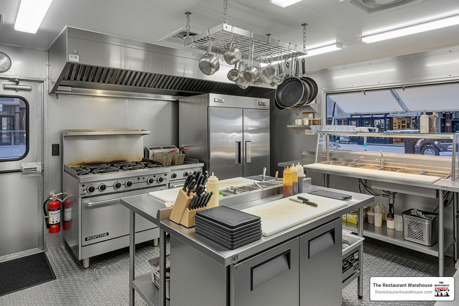 Clean, well-organized stainless steel food truck interior - truck restaurant for sale
