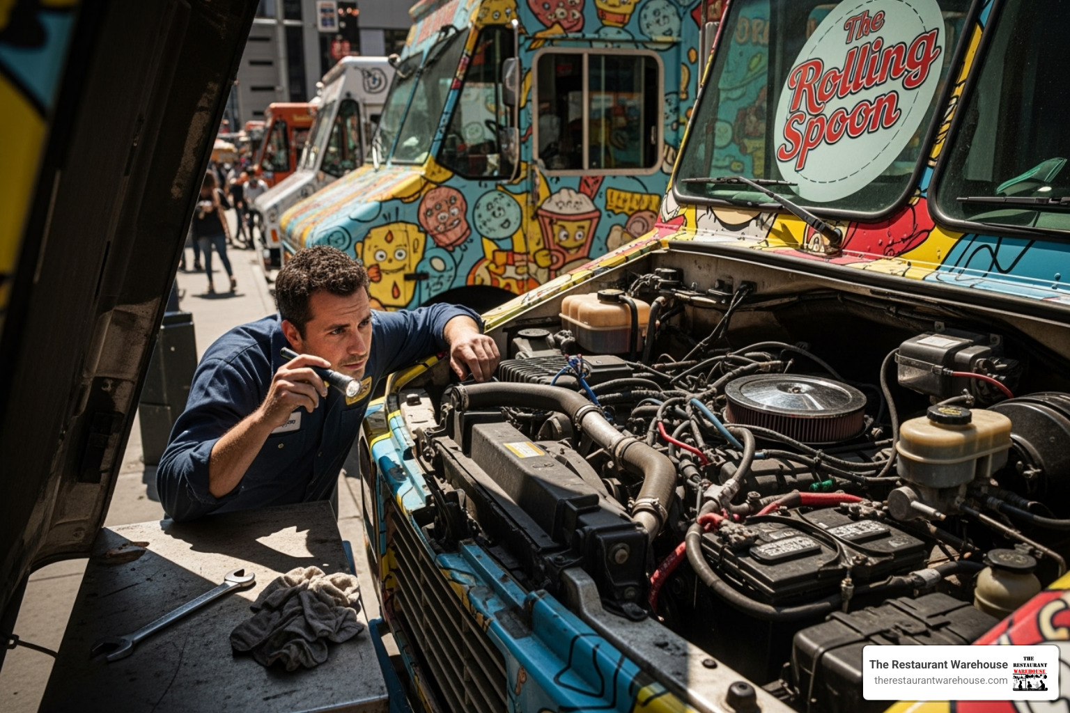 Person inspecting the engine of a food truck - truck restaurant for sale