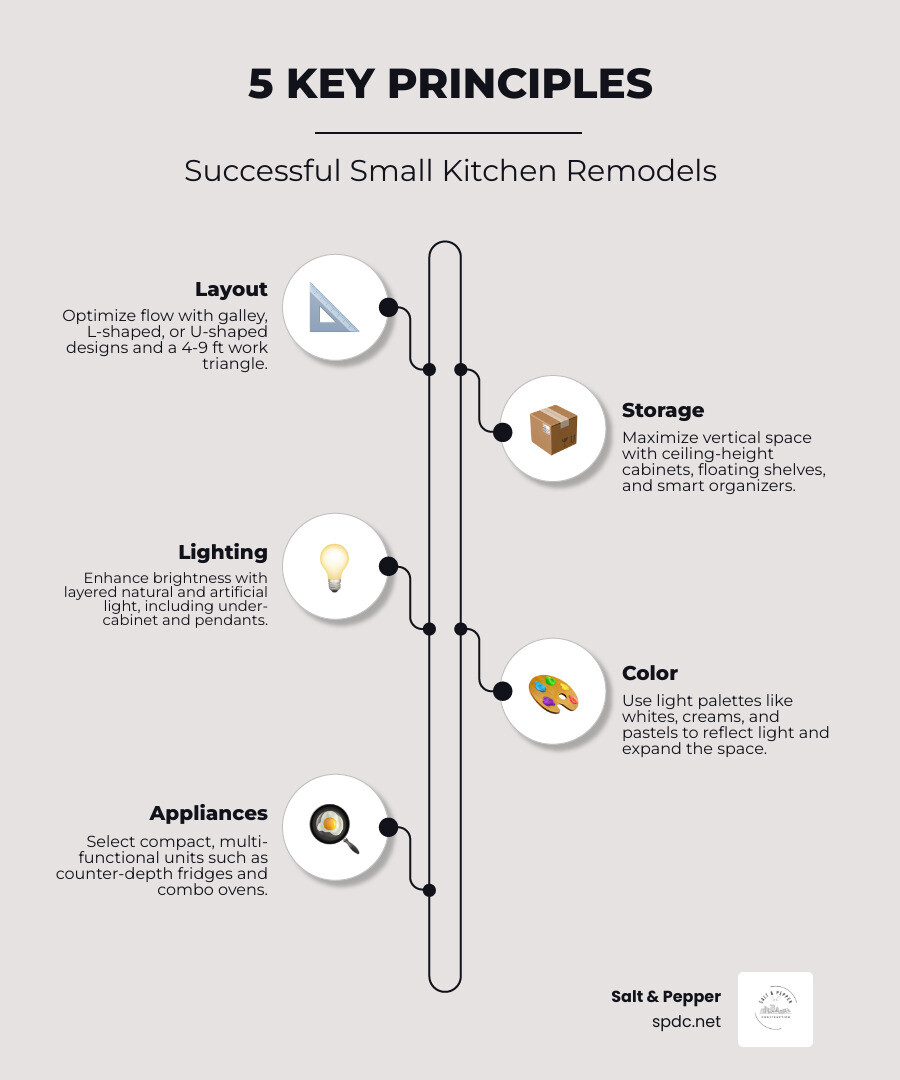 Infographic showing the 5 key principles of successful small kitchen remodels: Layout optimization with proper work triangle distances, Storage maximization through vertical solutions and smart cabinetry, Lighting improvement with layered natural and artificial light, Color strategy using light palettes to expand visual space, and Appliance selection focusing on compact multi-functional units - small kitchen remodel infographic infographic-line-5-steps-neat_beige