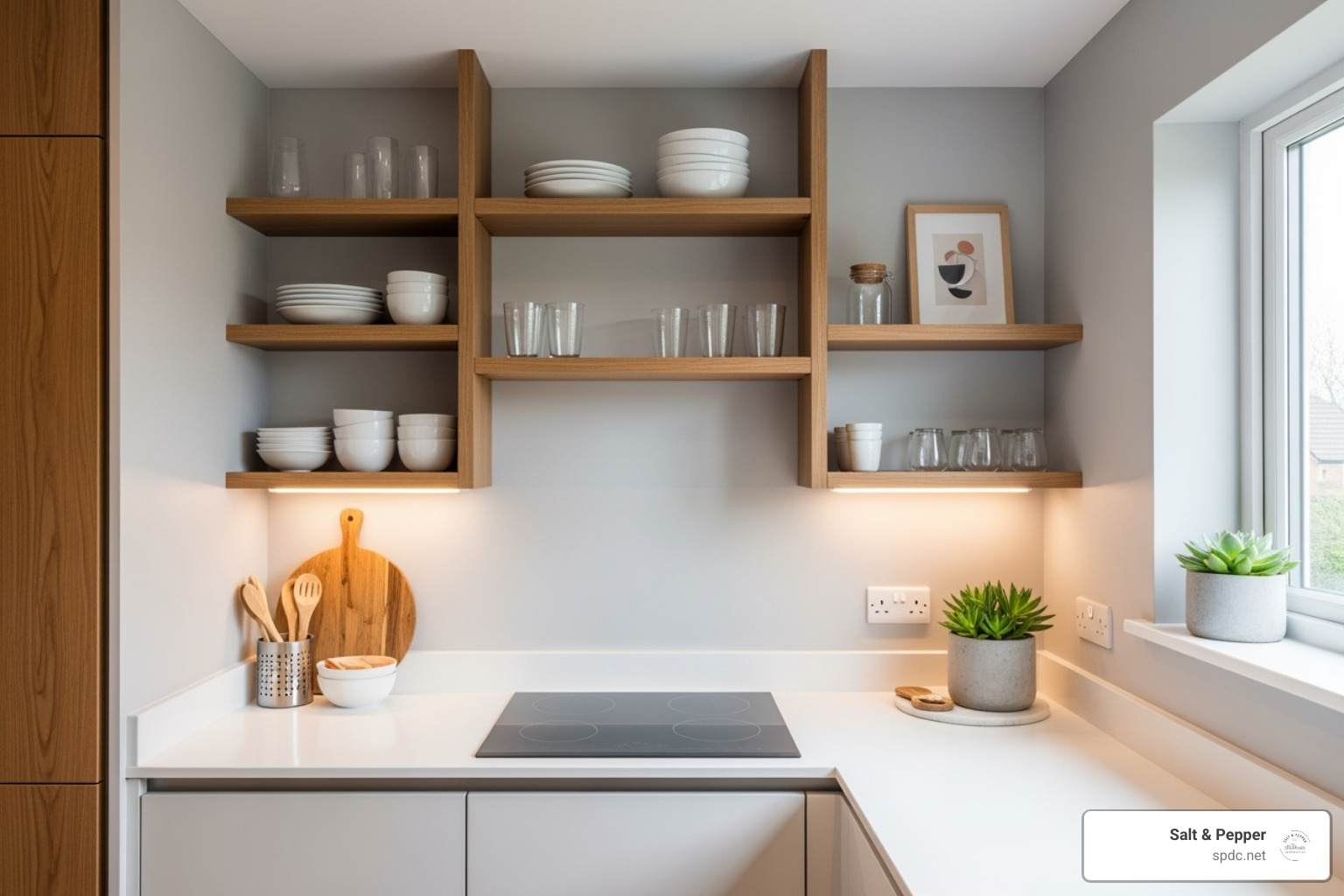 clever vertical storage with floating shelves - small kitchen remodel