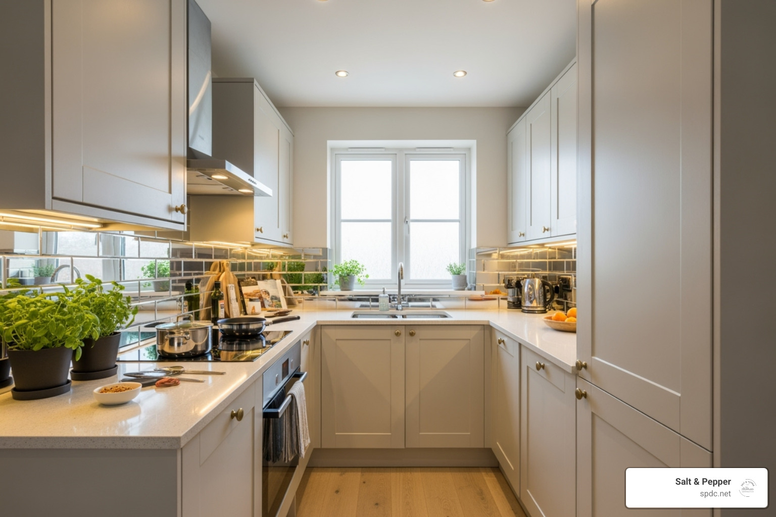 small kitchen with light paint, a reflective backsplash, and excellent lighting - small kitchen remodel