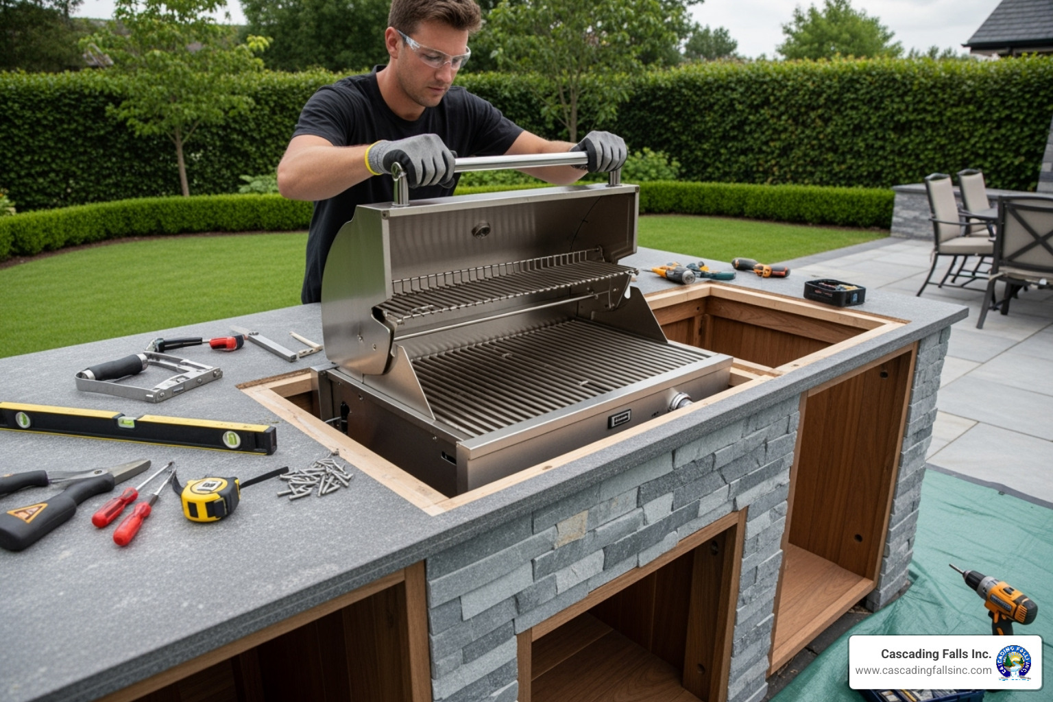 Professional installing a built-in grill head into a custom island framework - custom outdoor grill