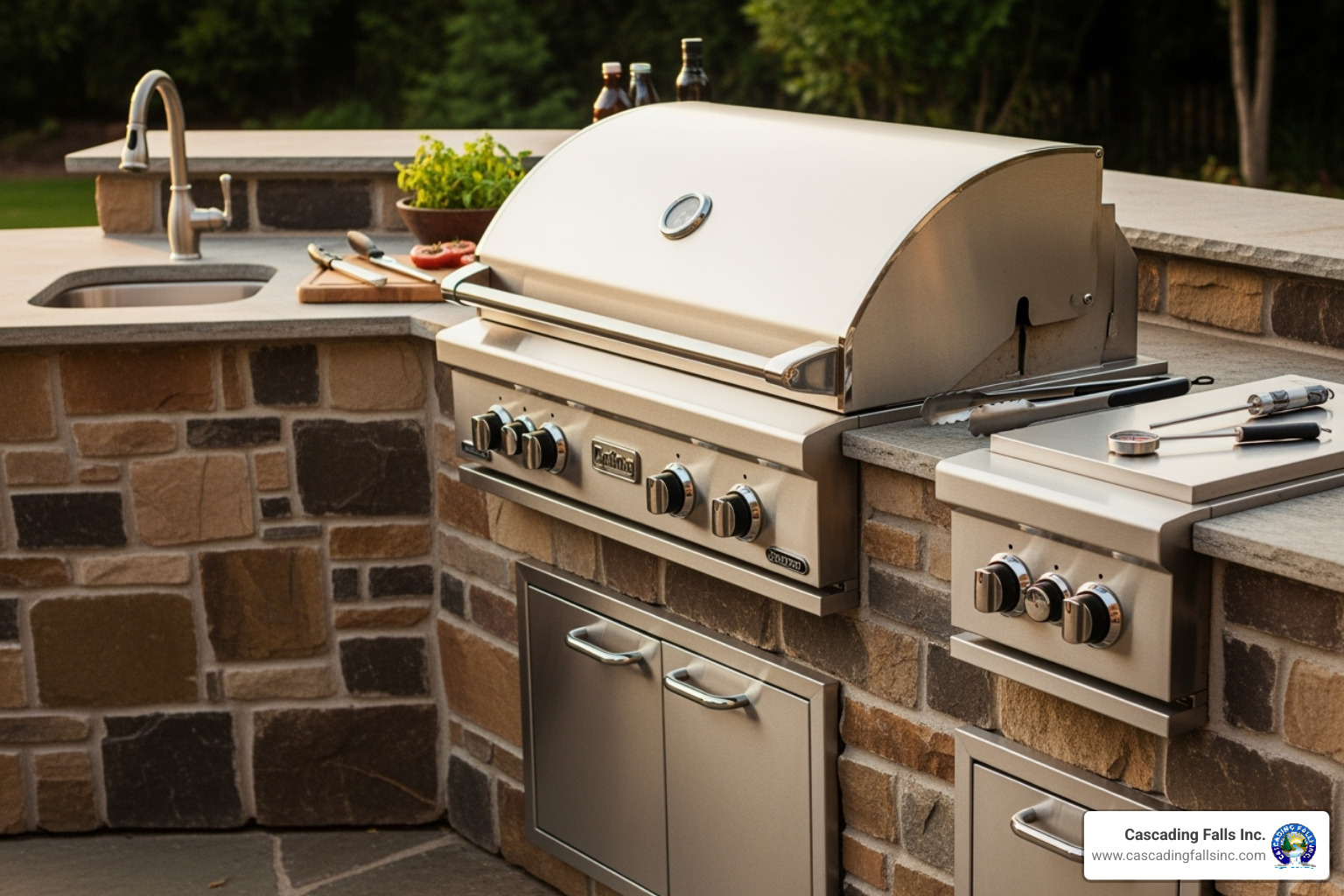 Close-up of high-quality stainless steel and natural stone on a custom grill island - custom outdoor grill