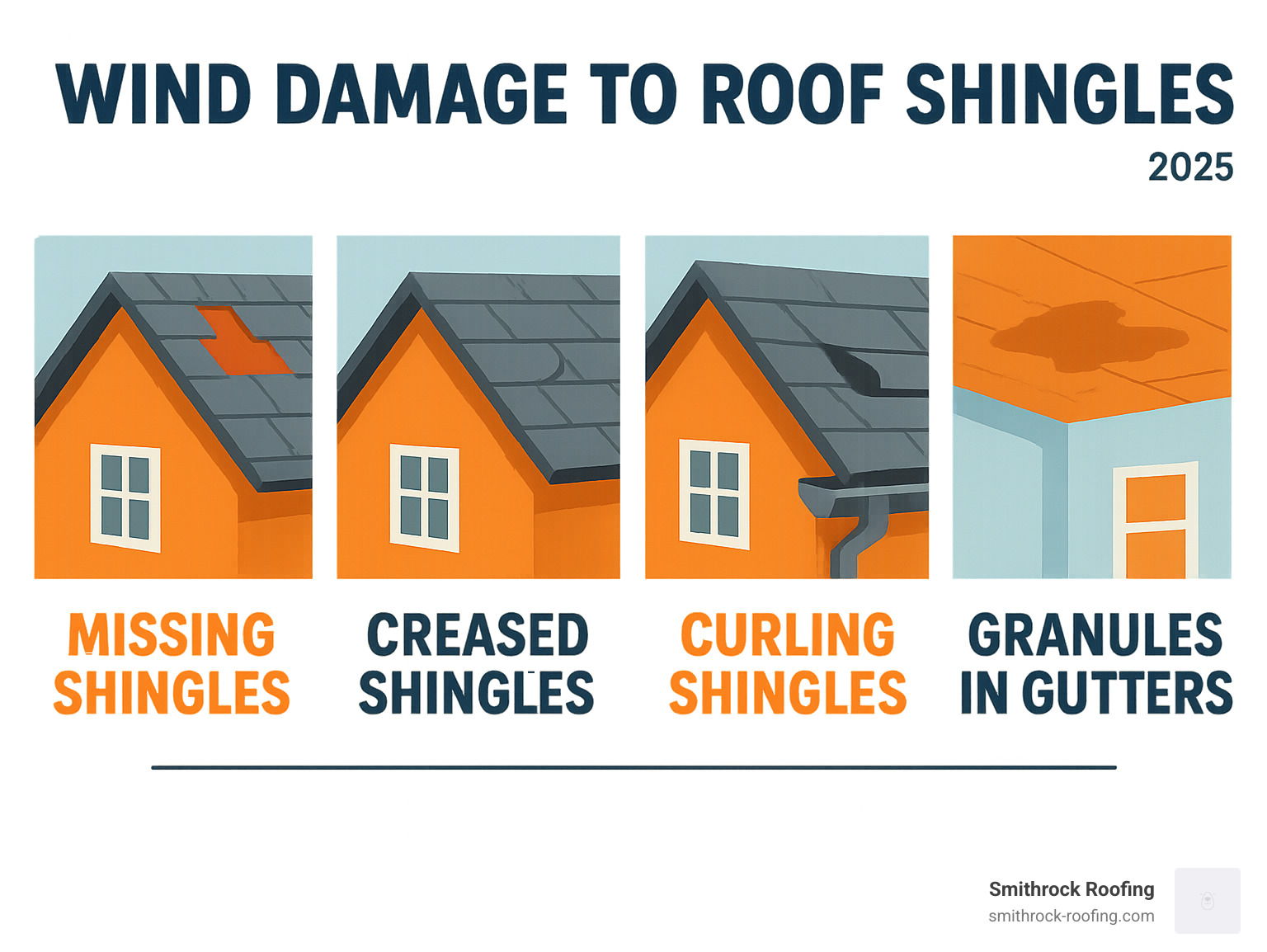 Infographic showing the 5 most common signs of wind damage: missing shingles appearing as gaps in the roof line, creased shingles with visible fold marks, curling shingles with edges lifting away from the roof surface, granules accumulating in gutters and downspouts, and water stains on interior ceilings indicating leaks - wind damage to roof shingles infographic 