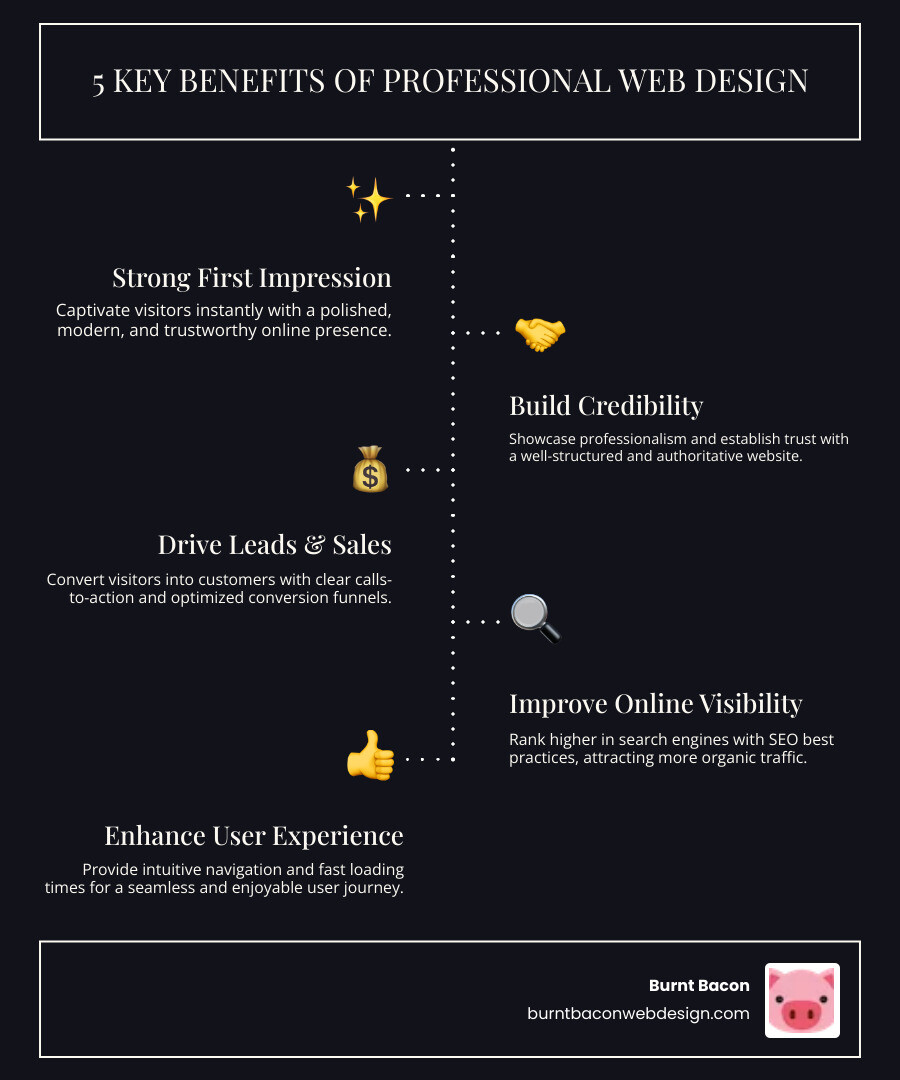 Infographic detailing 5 key benefits of professional web design: making a strong first impression, building business credibility, driving leads and sales, improving online visibility through SEO, and ensuring an excellent user experience. - web designer near me infographic infographic-line-5-steps-dark Infographic detailing 5 key benefits of professional web design: making a strong first impression, building business credibility, driving leads and sales, improving online visibility through SEO, and ensuring an excellent user experience. - web designer near me infographic infographic-line-5-steps-dark