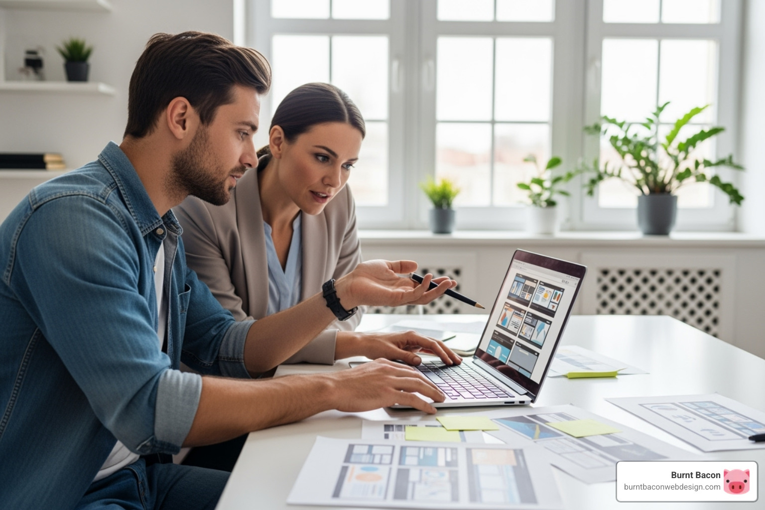 A designer collaborating with a small business owner, looking at website mockups on a laptop. - web designer near me A designer collaborating with a small business owner, looking at website mockups on a laptop. - web designer near me
